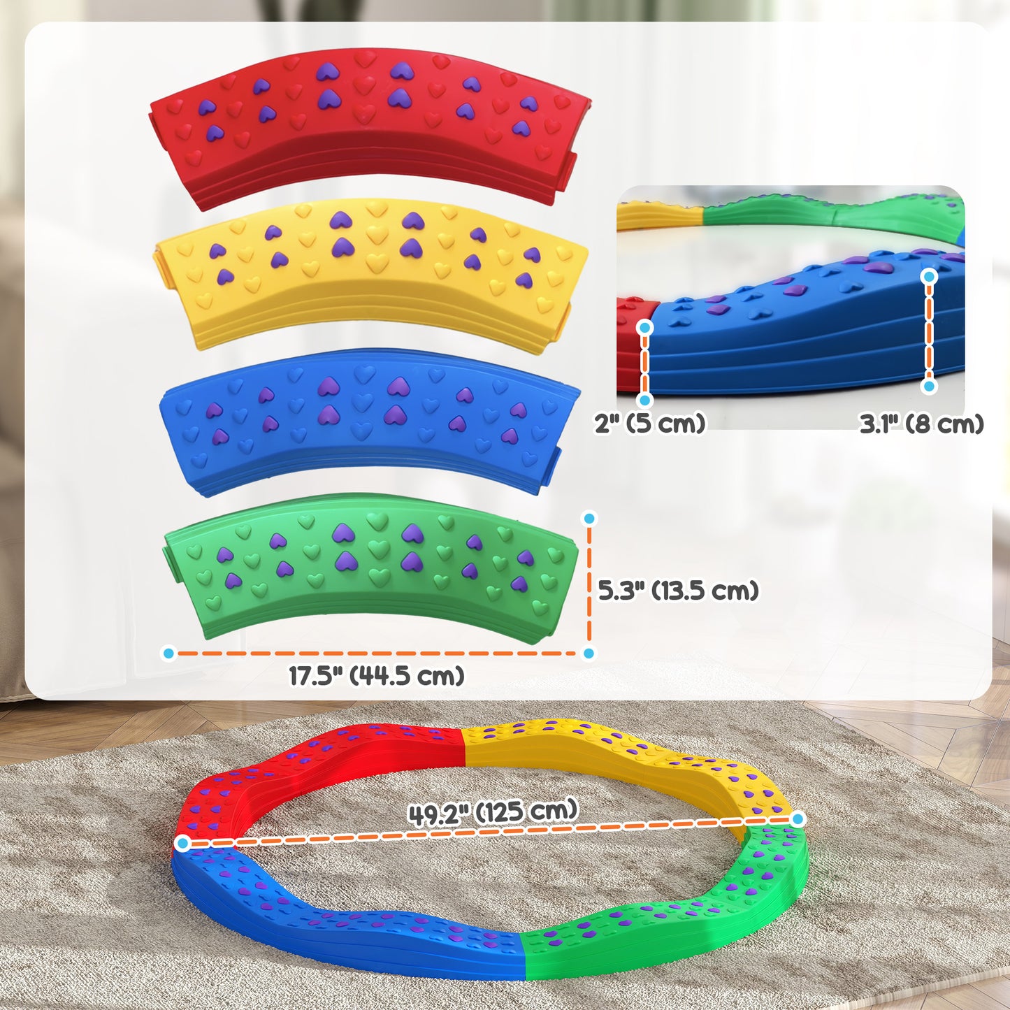 Outsunny 8pcs Balance Beam for Kids, 4 Sensory Pads and 4 Beams with Non-slip Surface & Bottom, Stackable Stepping Stones Kids for Boys Girls 3-6 Years, Multicoloured