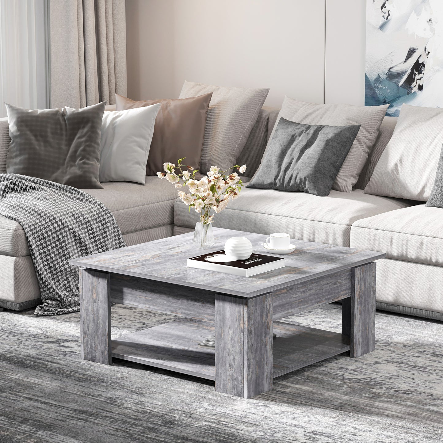 HOMCOM Modern Coffee Table with Storage Shelf, Square Cocktail Table, Center Table for Living Room, Grey