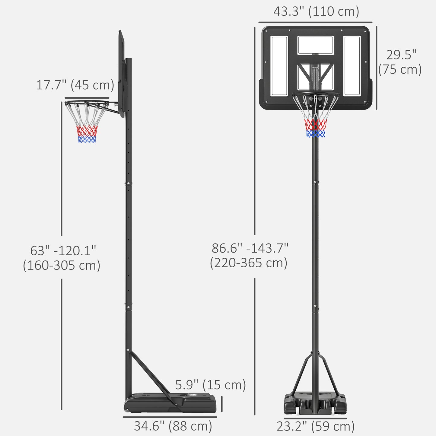 Soozier 5ft-10ft Height Adjustable Basketball Hoop Stand, Portable Basketball System with Wheels and 43" Backboard for Youth Junior