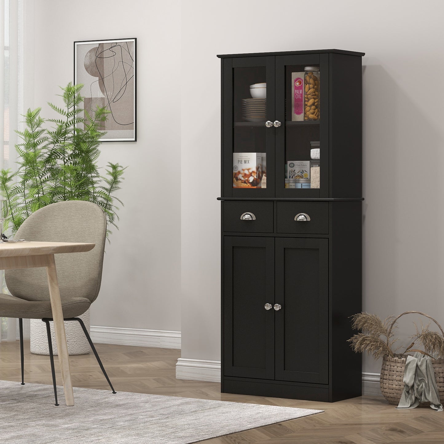 HOMCOM 61" Kitchen Pantry Cabinet, Freestanding Farmhouse Buffet Storage Cabinet with Soft Close Glass Doors and Adjustable Shelves, White