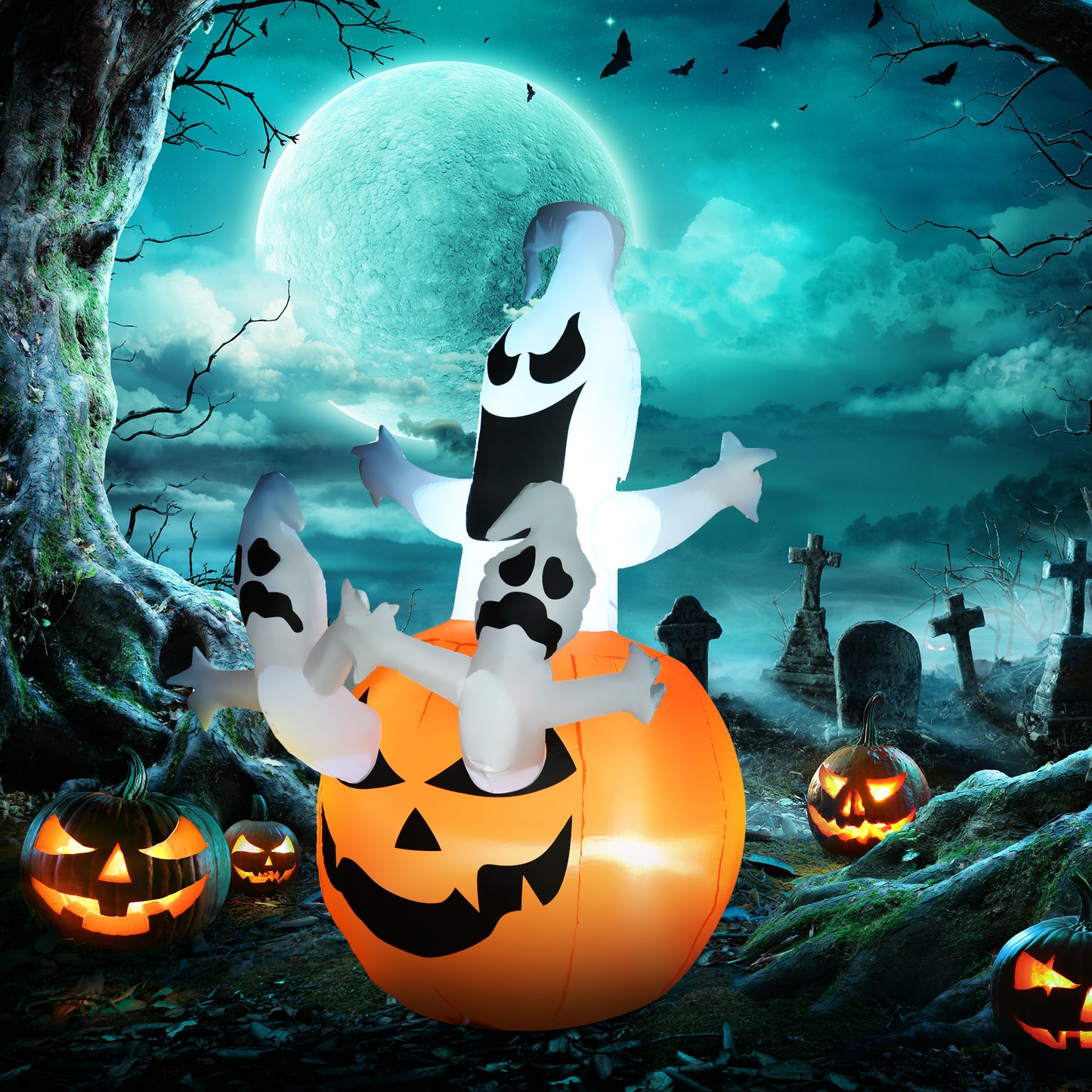 HOMCOM Inflatable Halloween Decoration Haunted Tree with Owl/Ghost/Pumpkins, Blow-Up Outdoor LED Display for Lawn, Garden, Party