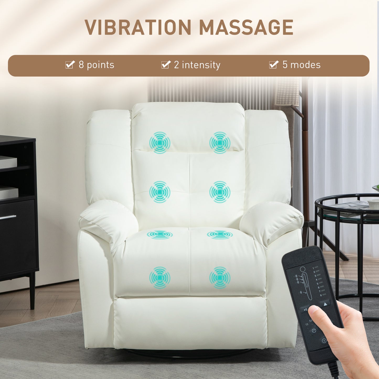 HOMCOM 8-Point Vibration Massage Recliner Chair for Living Room, PU Leather 360° Swivel Manual Reclining Sofa Rocking Chair with Remote Control, Side Pockets, Grey