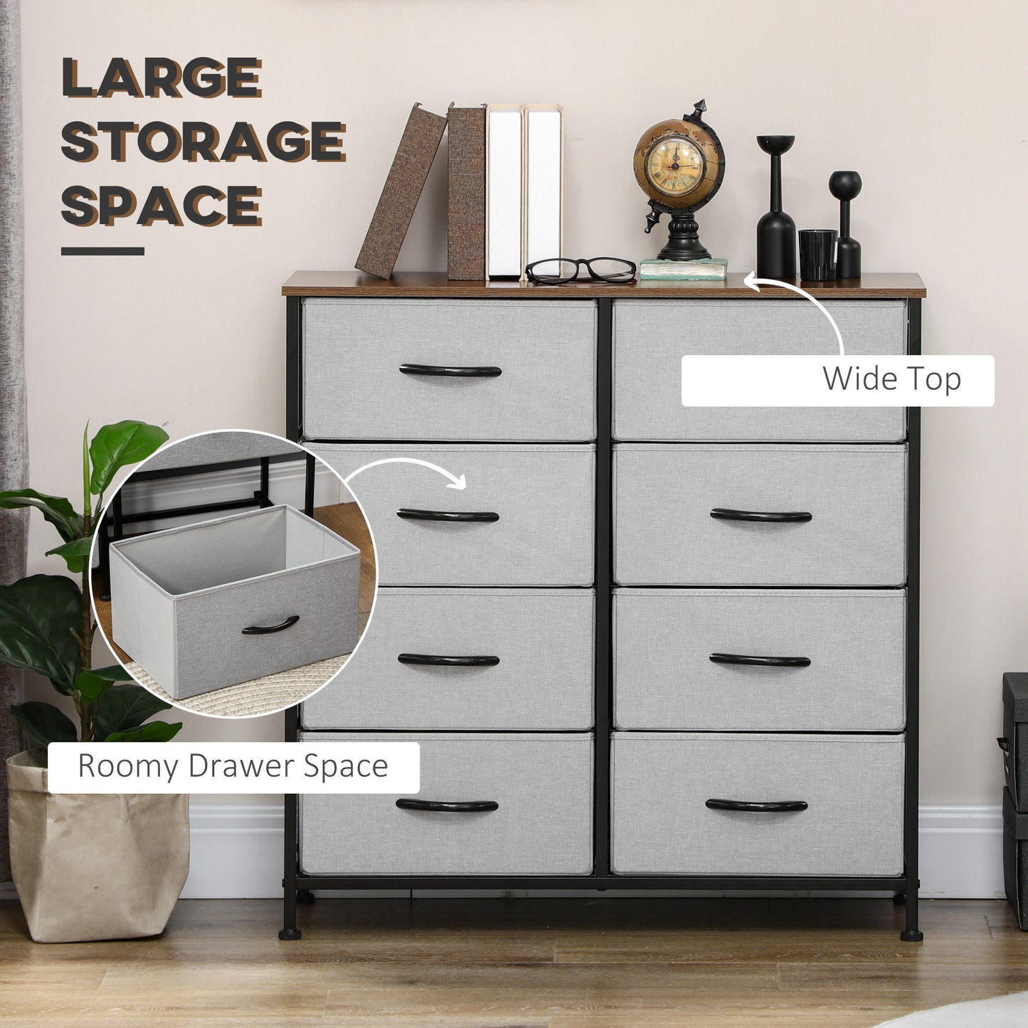 HOMCOM 6 Drawer Dresser for Bedroom, Fabric Chest of Drawers with Steel Frame, Wood Grain Top and Handles, Grey