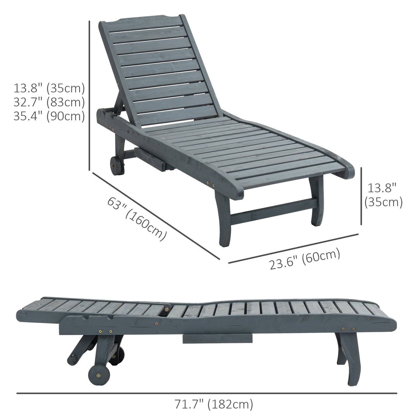 Outsunny Adjustable Lounge Chair, Outdoor Patio Chaise Recliner with Pull-out Tray and 2 Wheels