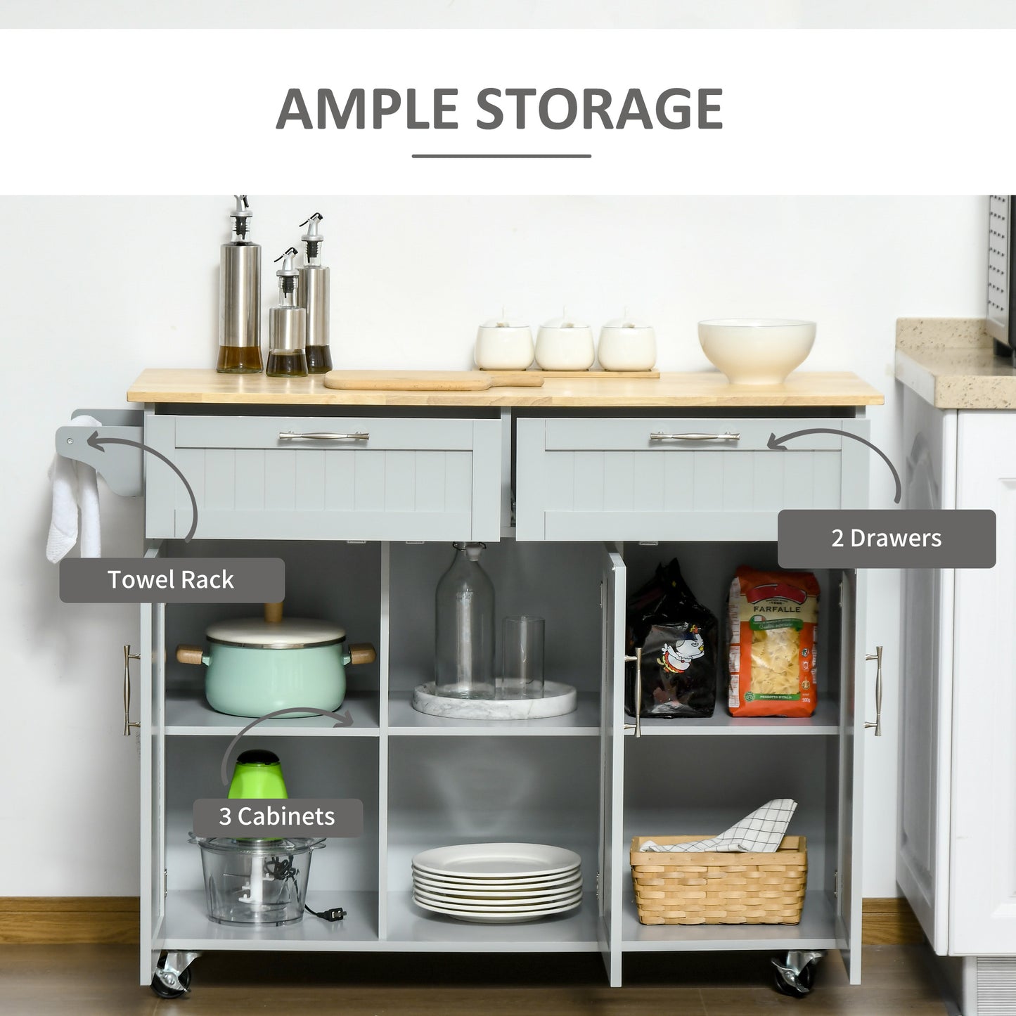 HOMCOM Modern Kitchen Island, Utility Kitchen Serving Cart with 2 Storage Drawers & Cabinets for Dining Room, Black