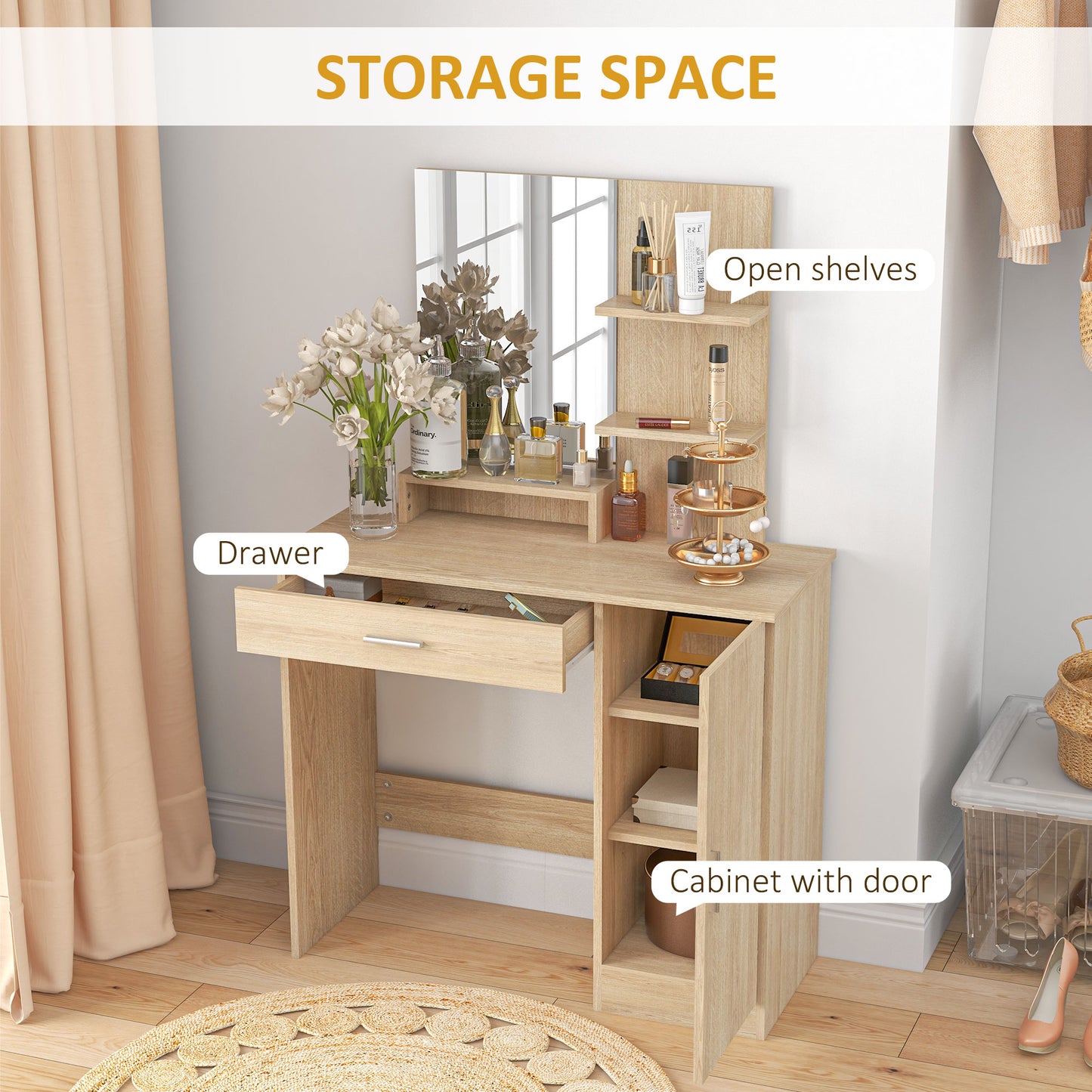 HOMCOM Dressing Table, Vanity Table with Mirror, Drawer and Storage Shelves for Bedroom, 35.4" x 15" x 54.3", White