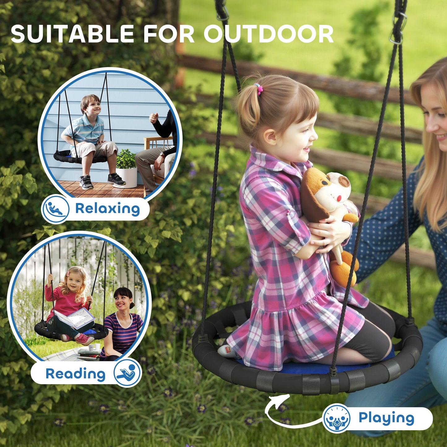 Qaba 39 inch Saucer Tree Swing Set for Kids with Adjustable Hanging Ropes for Outdoor, Backyard, Green