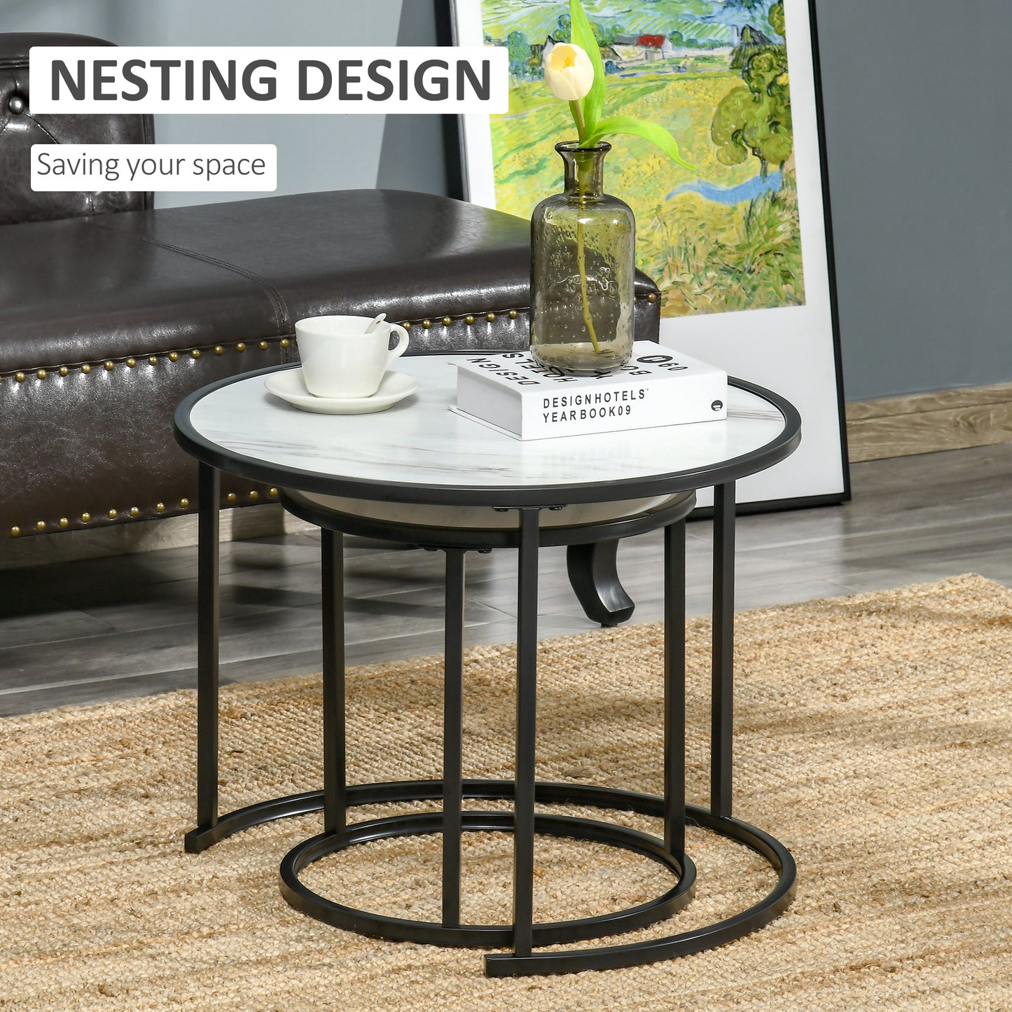 HOMCOM Round Nesting Coffee Table Set of 2, Stacking Modern Accent Tables with Faux Marble Tabletop and Metal Frame for Living Room, Black