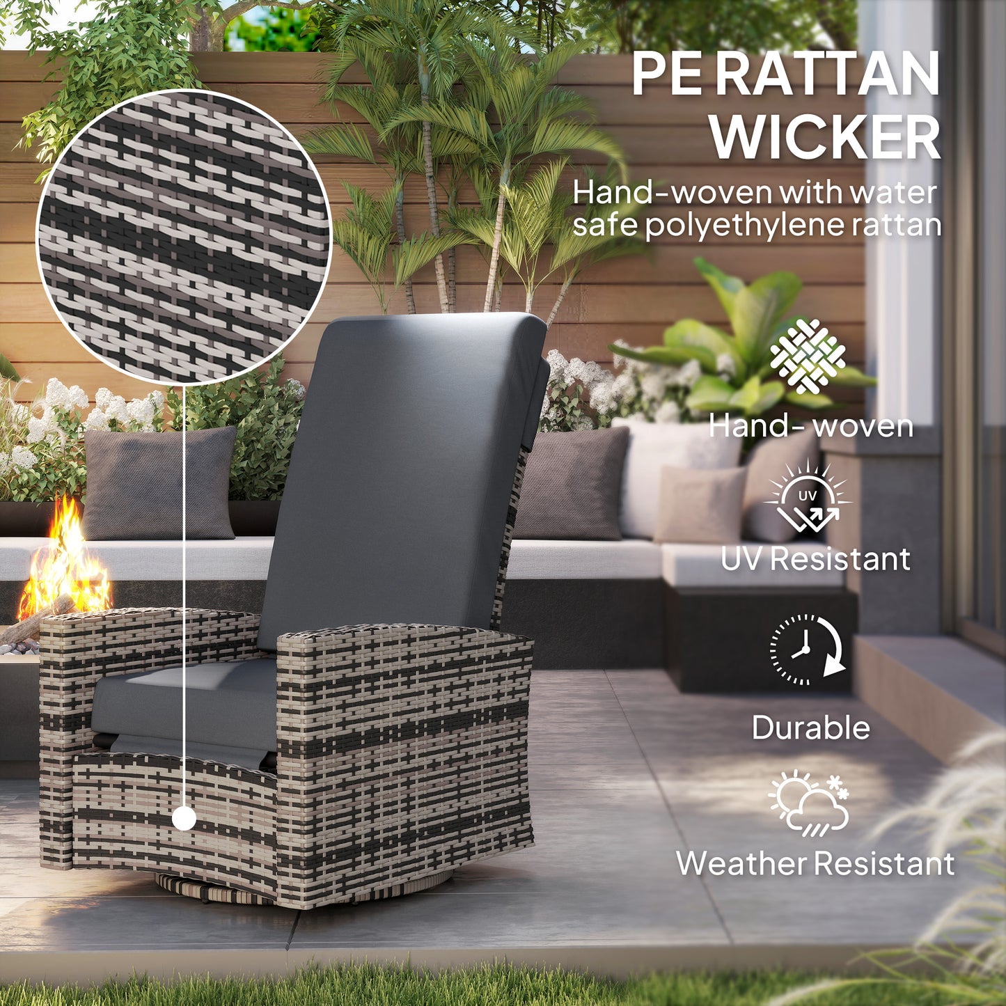 Outsunny Outdoor Rattan Wicker Lounge Chair with Footrest & Soft Cushion for Patio, Garden, Backyard, Sky Blue