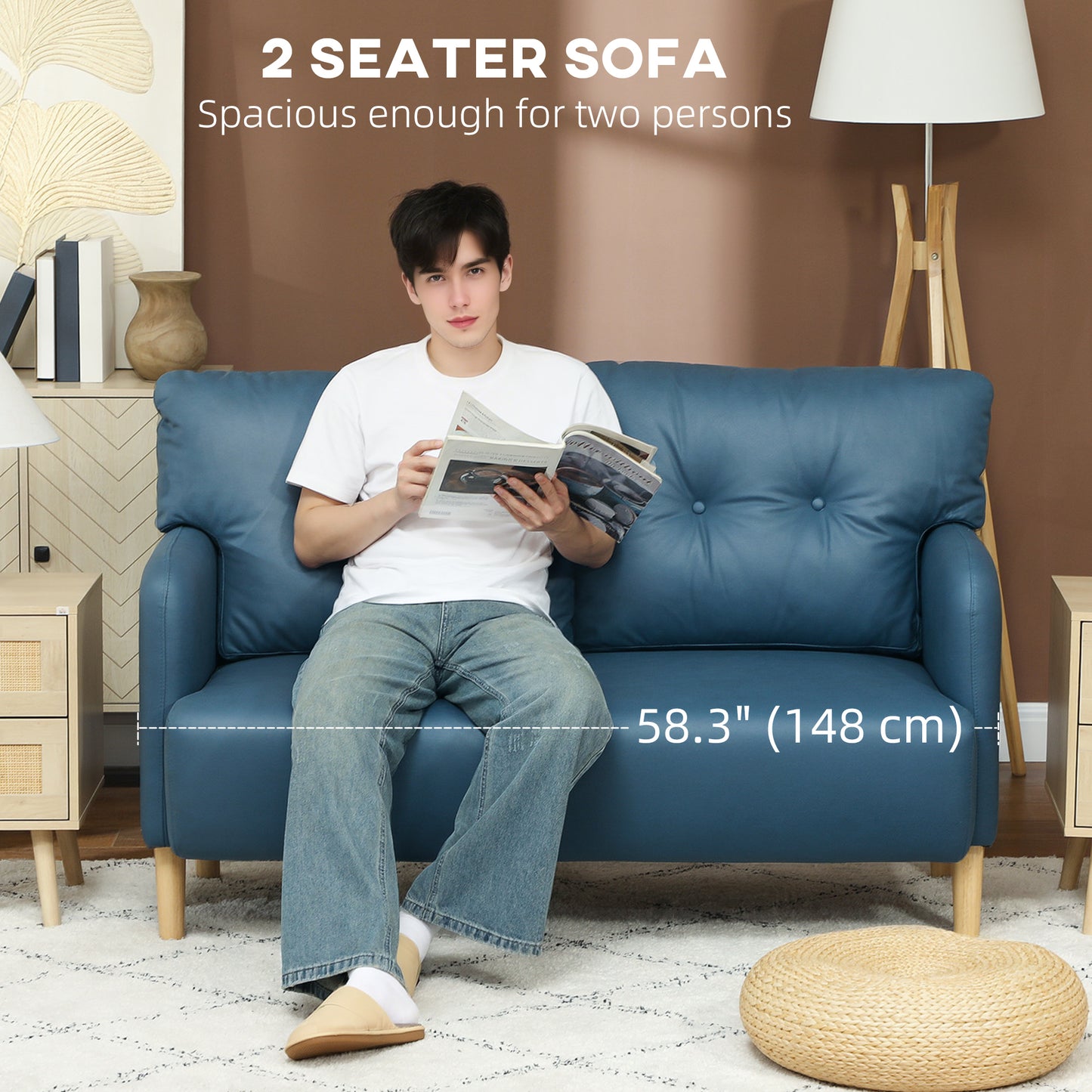 HOMCOM 58" 2 Seat Sofa, Modern Love Seats Furniture, Upholstered 2 Seater Couch, Solid Wood Frame, Beige