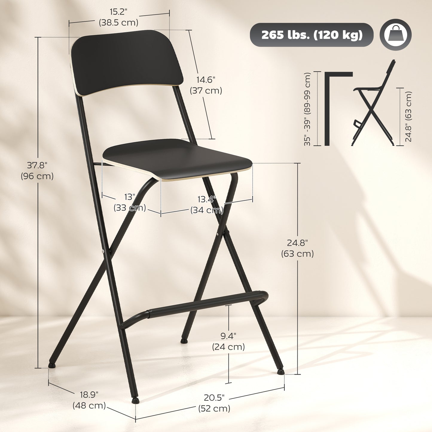HOMCOM Folding Bar Stools Set of 2, Counter Height Foldable Stool with Wooden Effect Seat and Steel Frame for Kitchen, White