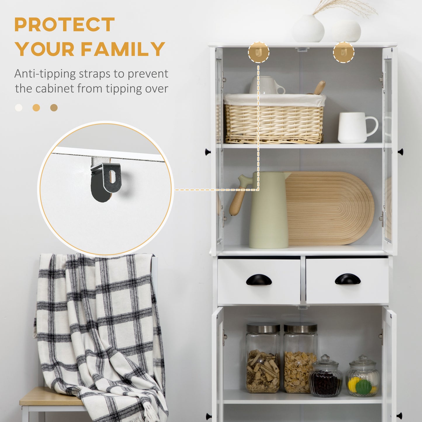 HOMCOM 61" Kitchen Pantry Cabinet, Freestanding Farmhouse Buffet Storage Cabinet with Soft Close Glass Doors and Adjustable Shelves, White