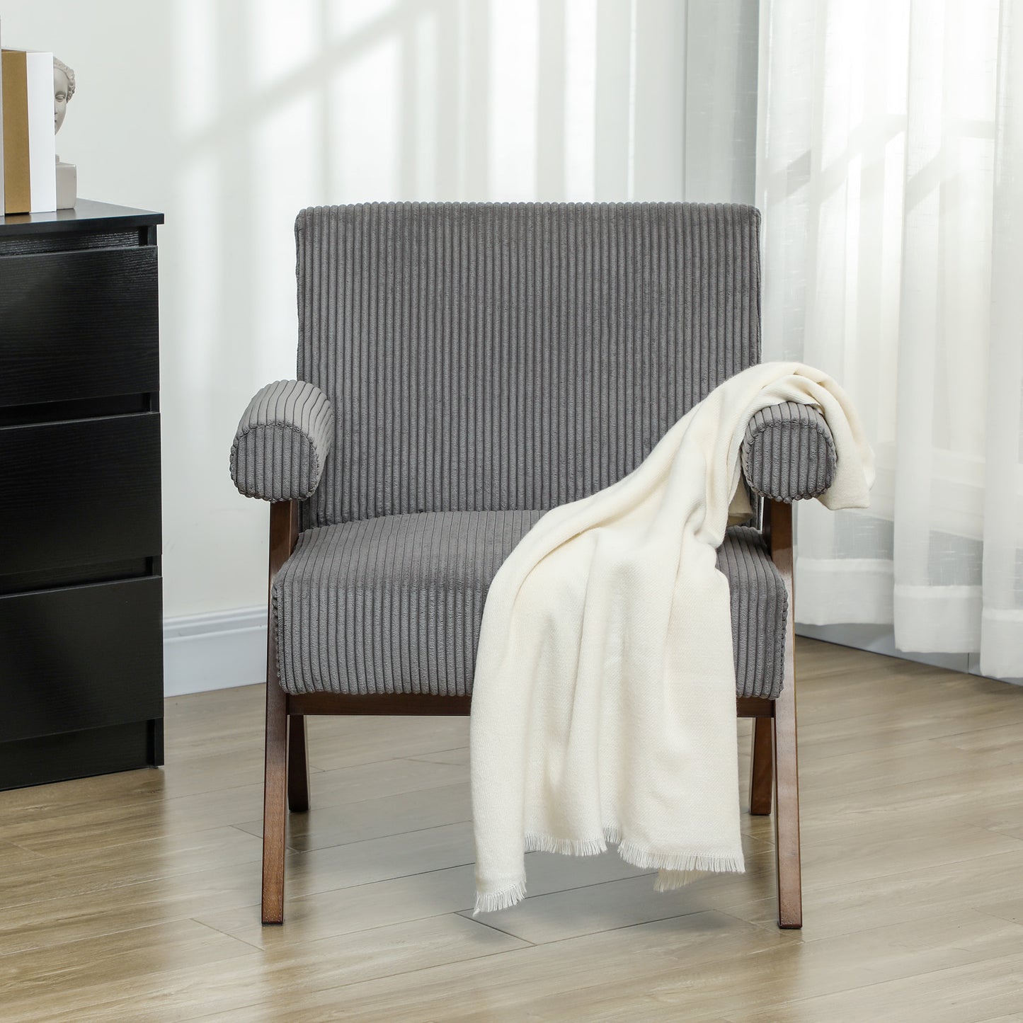 HOMCOM Corduroy Accent Chair Armchair with Wide Seat and Soft Padded Armrests for Reading, Bedroom, Dark Grey