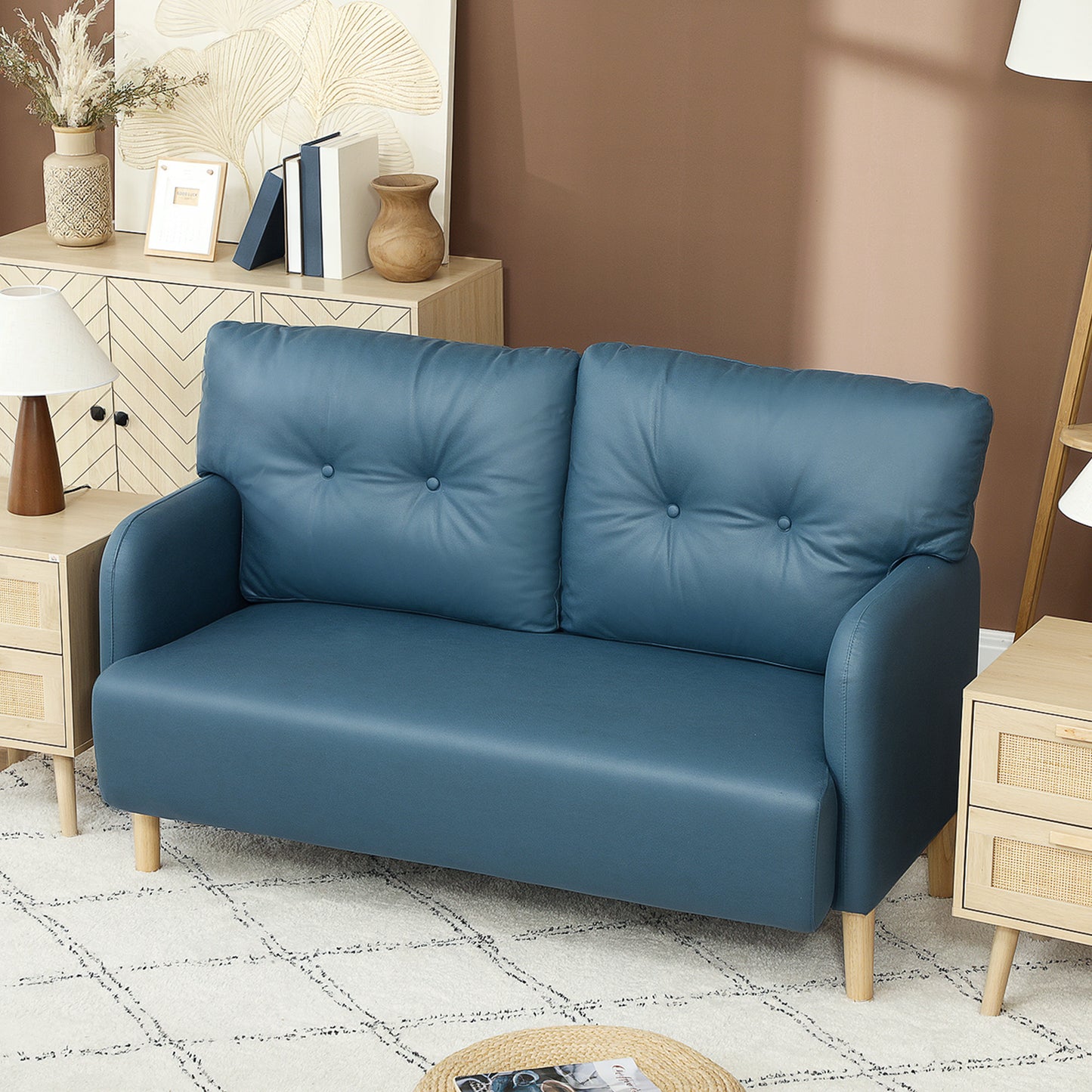HOMCOM 58" 2 Seat Sofa, Modern Love Seats Furniture, Upholstered 2 Seater Couch, Solid Wood Frame, Beige
