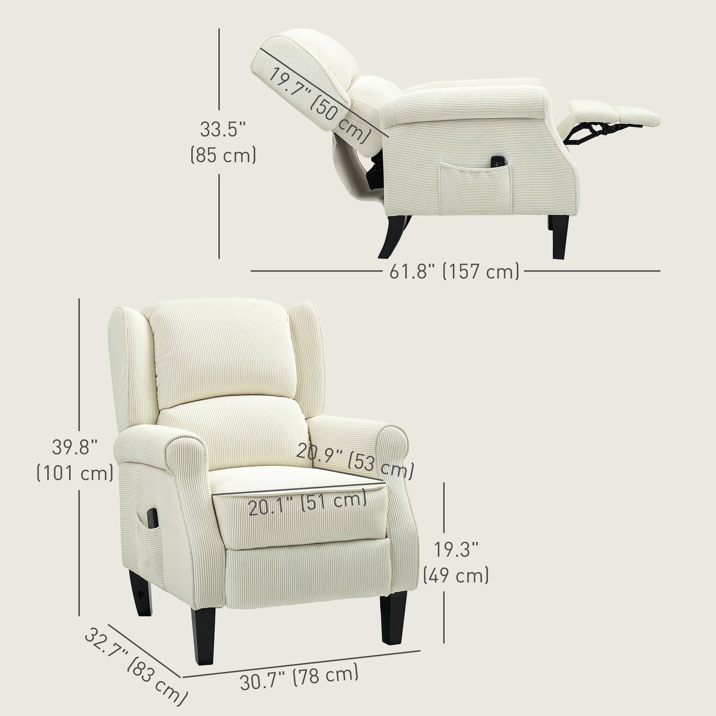 HOMCOM Push Back Recliner Chair, Vibration Massage Recliner for Living Room with Extendable Footrest, Remote, Pocket, Cream