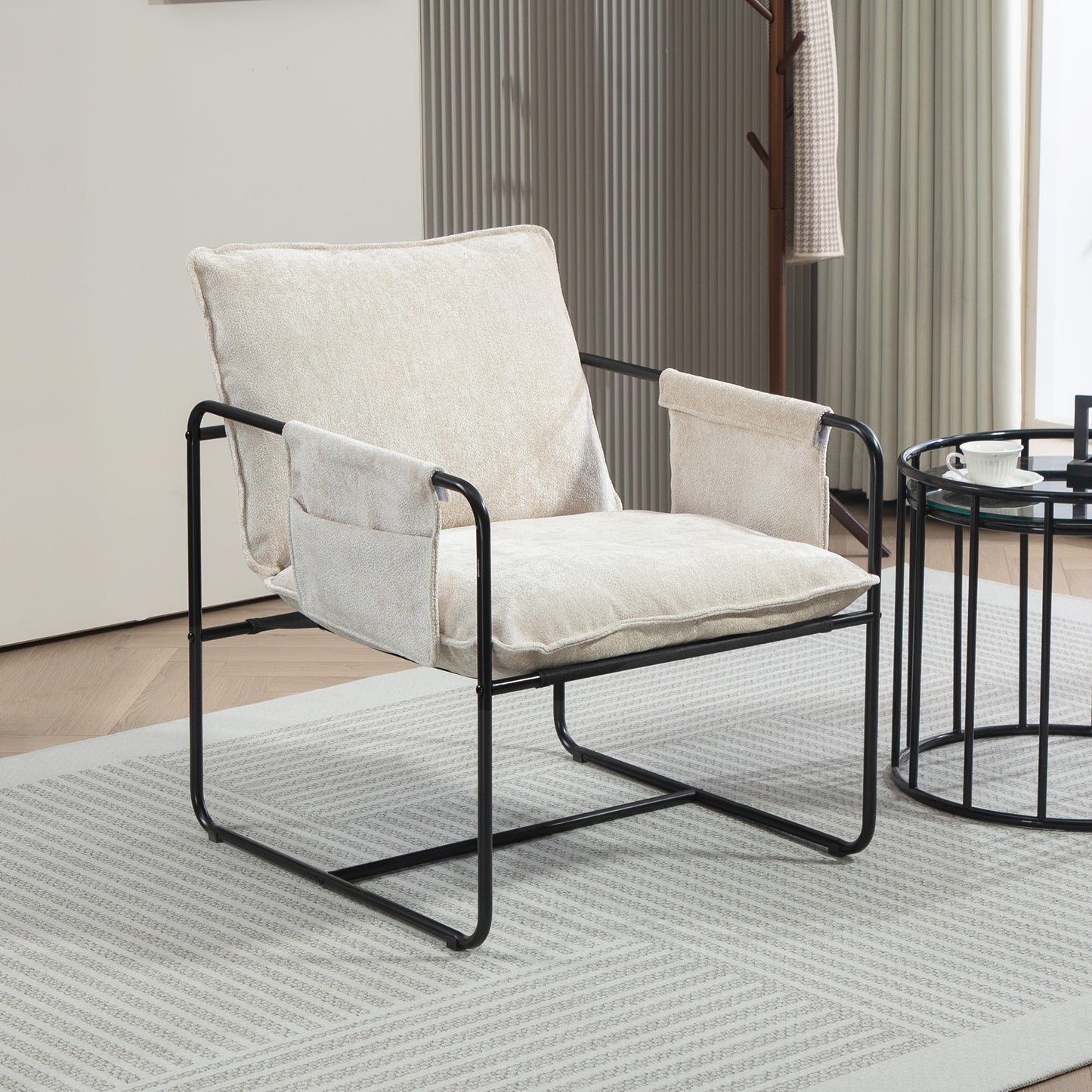 HOMCOM Modern Accent Chair, Upholstered Armchair with Side Pockets and Steel Frame, Comfy Reading Chair for Bedroom, Grey