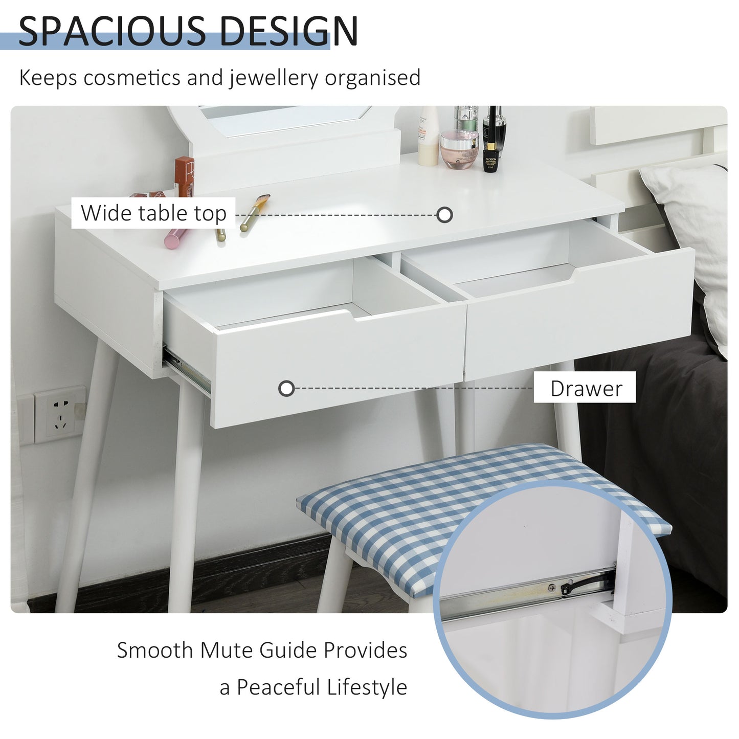 HOMCOM Makeup Vanity Desk with Round Mirror and 2 Drawers, Dressing Table with Cushioned Stool Set for Bedroom (White)