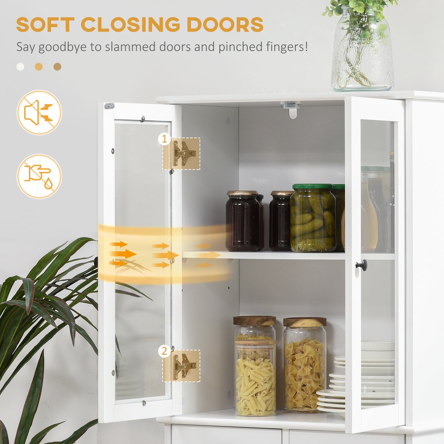 HOMCOM 61" Kitchen Pantry Cabinet, Freestanding Farmhouse Buffet Storage Cabinet with Soft Close Glass Doors and Adjustable Shelves, White
