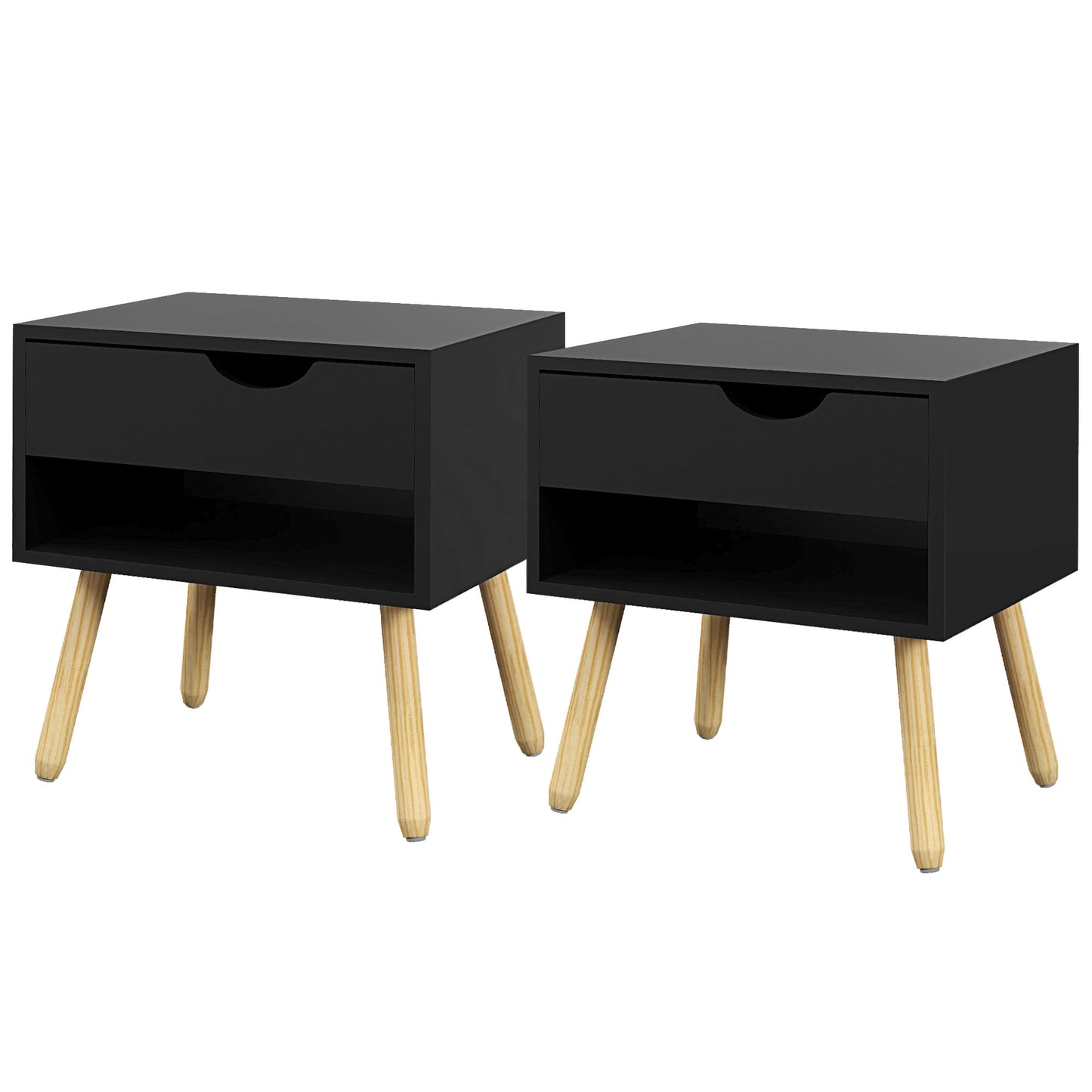 HOMCOM Set of 2 Bedside Table with Drawer and Shelf, Modern Nightstand with Wooden Legs, End Table for Bedroom, White