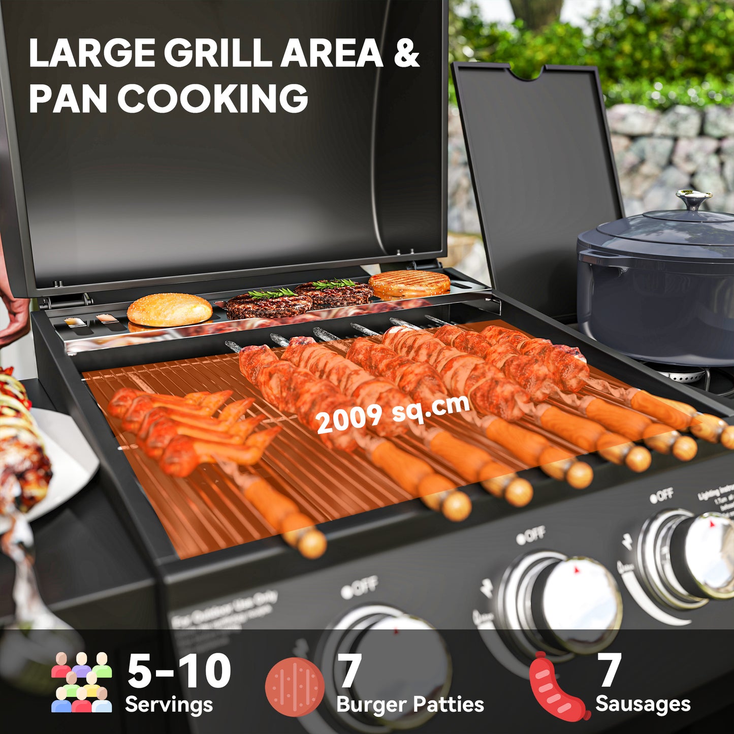 Outsunny 3 Burner Gas Grill with Side Burner, 9.5 KW Propane BBQ Grill, Cabinet Style with Shelves, Wheels, Instant Ignition