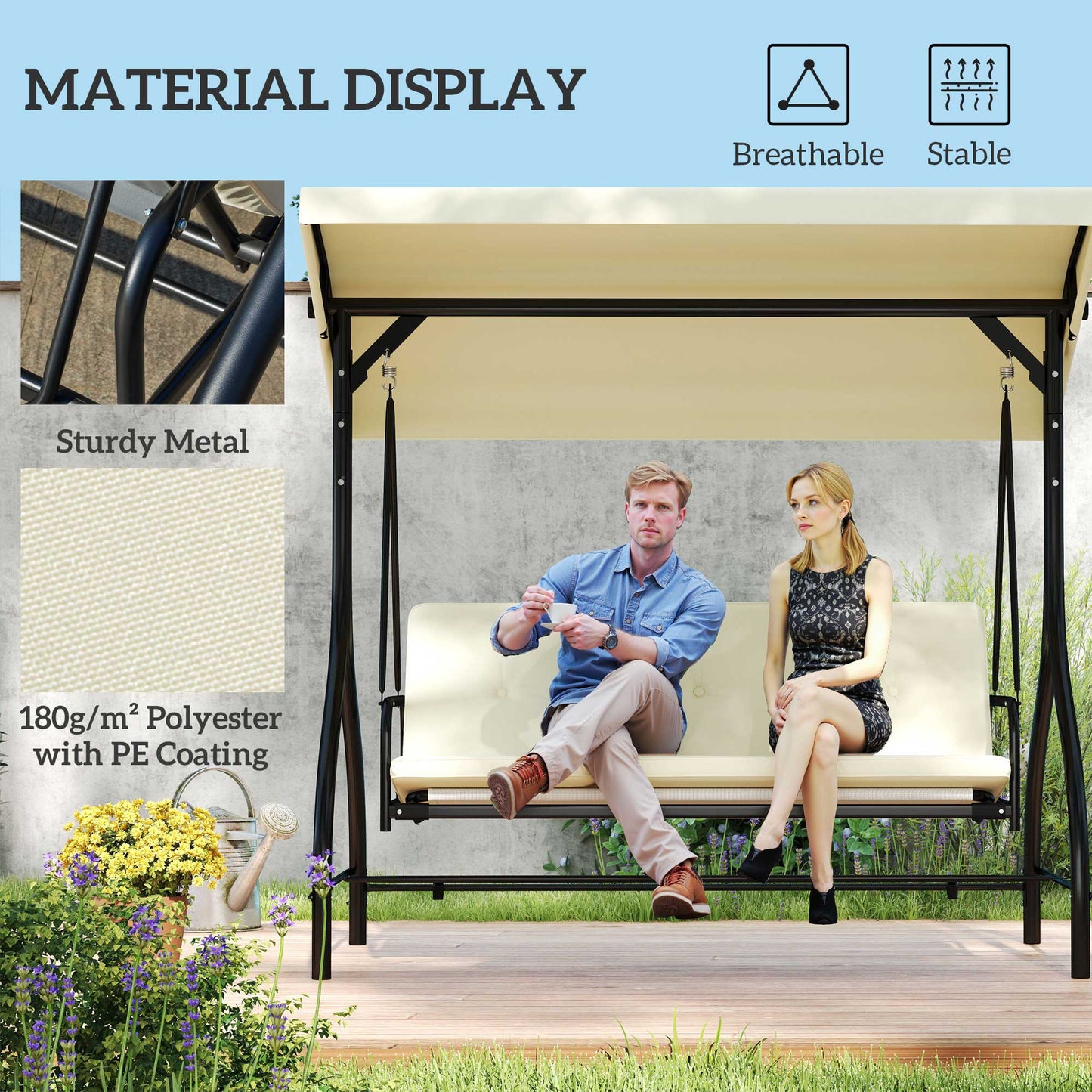 Outsunny Convertible Patio Swing Bed with Canopy and Cushions, 3 Seater Porch Swing for Outdoor, Backyard, Garden, Cream White