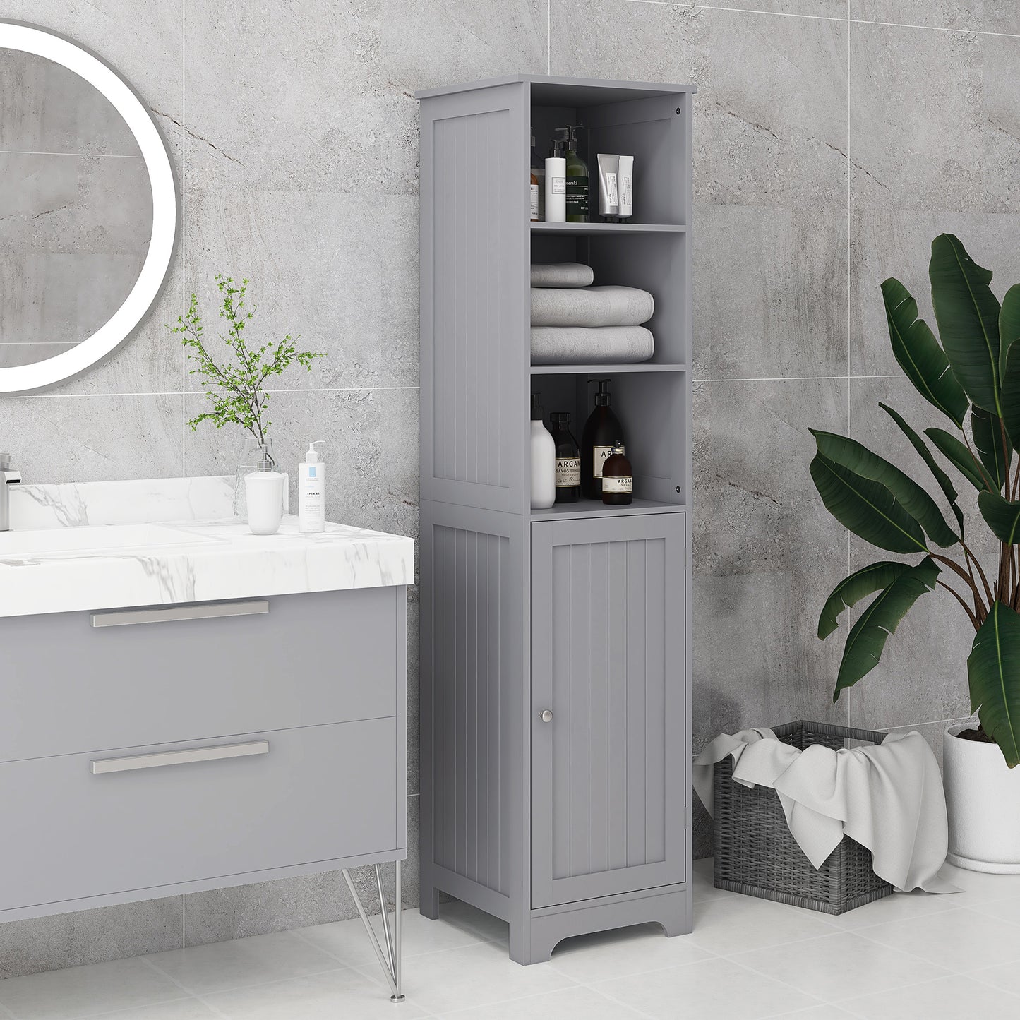 kleankin Tall Bathroom Storage Cabinet, Freestanding Tower Cabinet with Adjustable Shelf, 3 Open Shelves, White