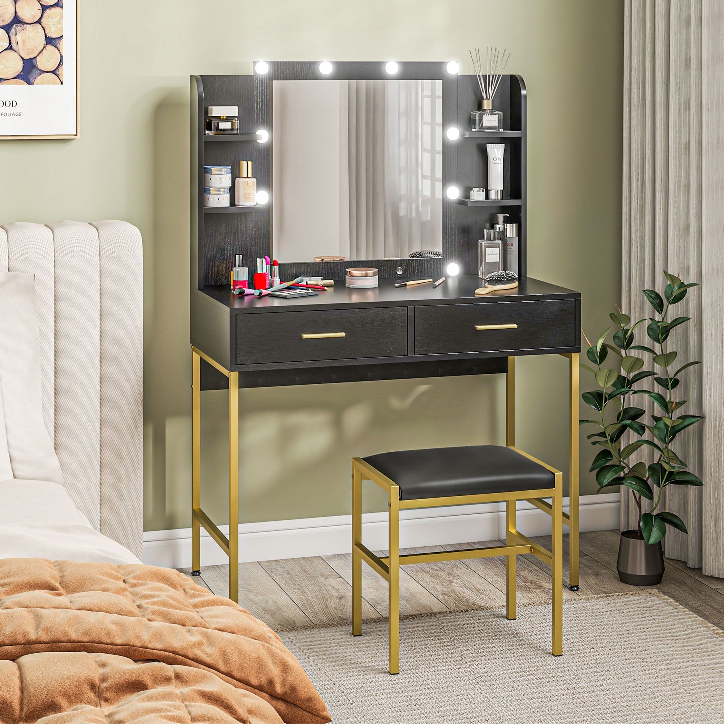 HOMCOM Makeup Vanity Desk Set with Lighted Mirror, Stool, Drawers, Shelves, 2 Lighting Modes, Dressing Table, Black
