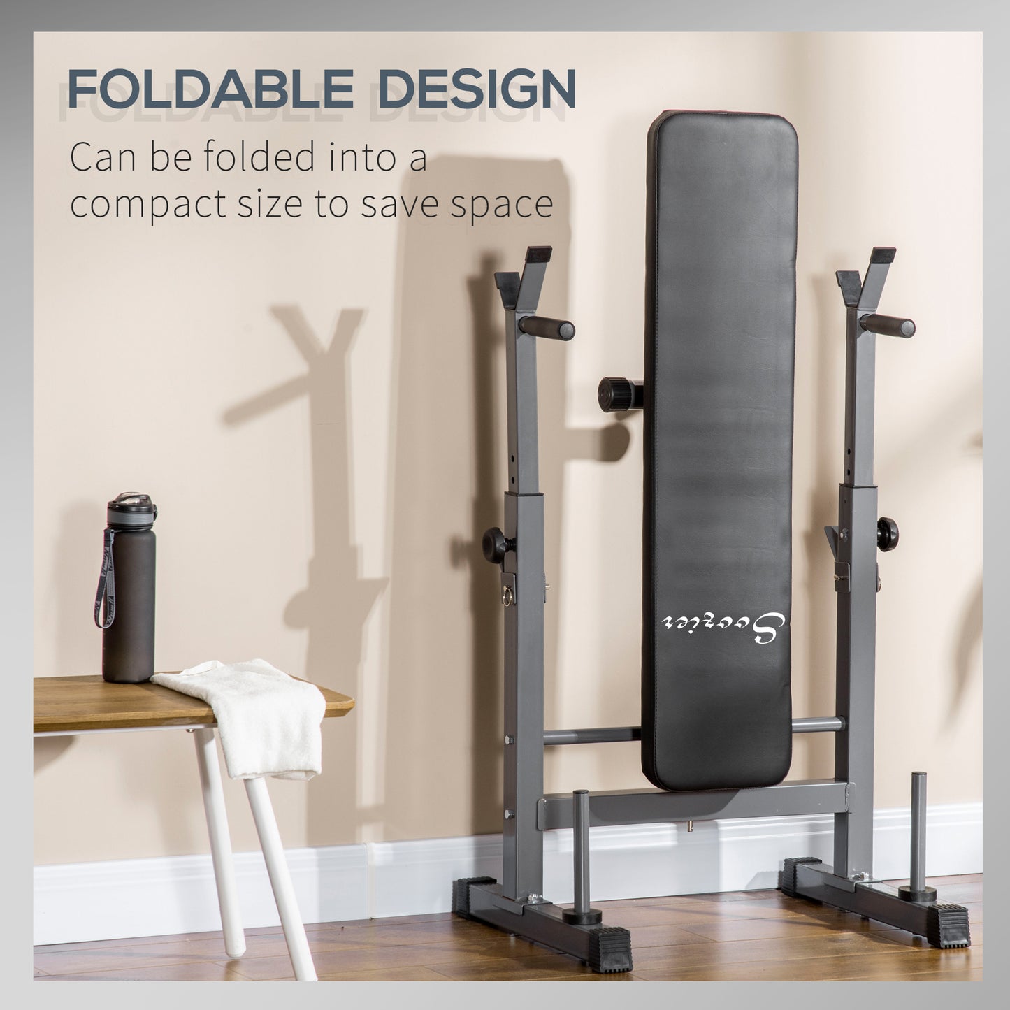 Soozier Adjustable Weight Bench, Foldable Bench Press with Barbell Rack and Dip Station for Home Gym, Strength Training Multiuse Workout Bench, Black and Grey
