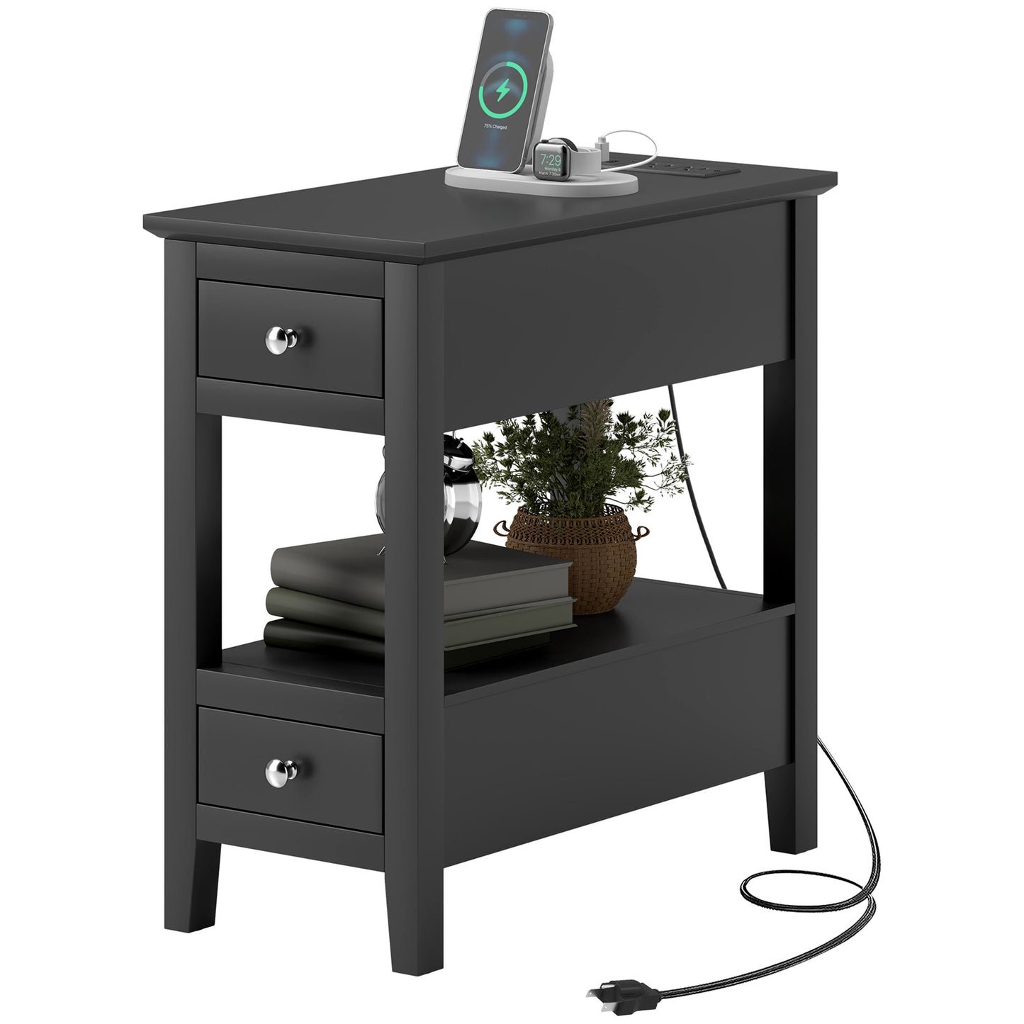 HOMCOM Narrow Side Table with Charging Station, USB Ports, Modern End Table with Storage Shelf, Drawers for Living Room, White