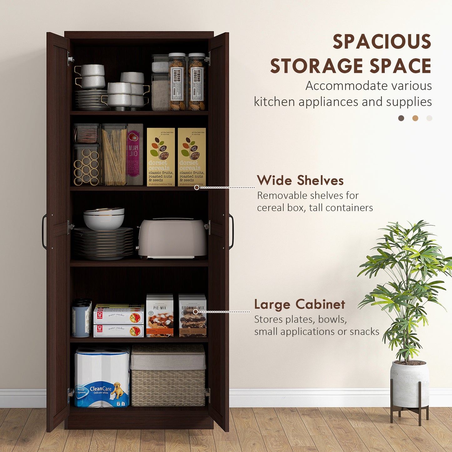 HOMCOM 63" Kitchen Storage Cabinet, 5-tier Pantry Cabinet with Doors and Adjustable Shelves for Dining Room, Distressed White