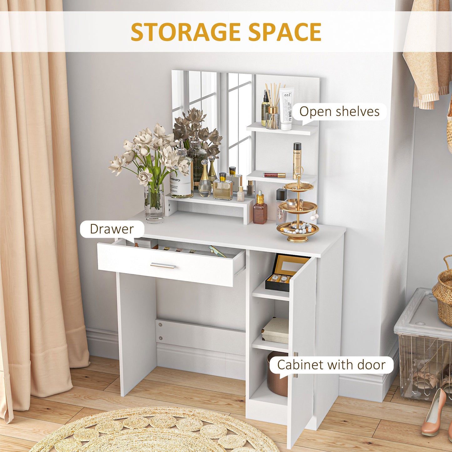 HOMCOM Dressing Table, Vanity Table with Mirror, Drawer and Storage Shelves for Bedroom, 35.4" x 15" x 54.3", White
