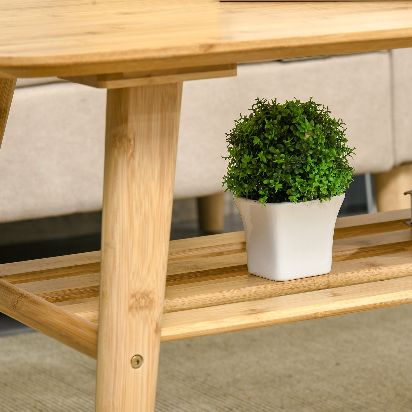 HOMCOM 2 Tier Coffee Table Bamboo Tea Table with Storage Shelf Sleek Rectangle Desk Wood Grain Living Room Home Furniture 39.25" x 19.75" x 19.75"