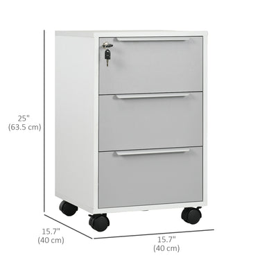 HOMCOM 3 Drawer File Cabinet with Wheels, Vertical Filing Cabinet with Lock, Grey
