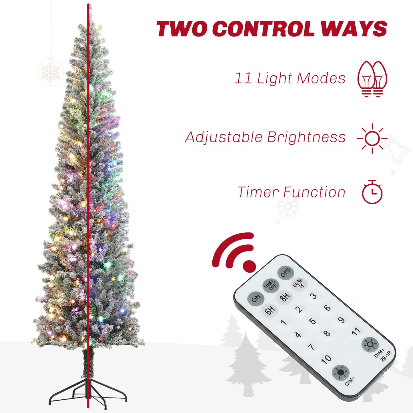 HOMCOM 9ft Prelit Pencil Artificial Christmas Tree, Flocked Xmas Tree with Remote, Dual Colour LEDs, 895 Tips, Metal Stand