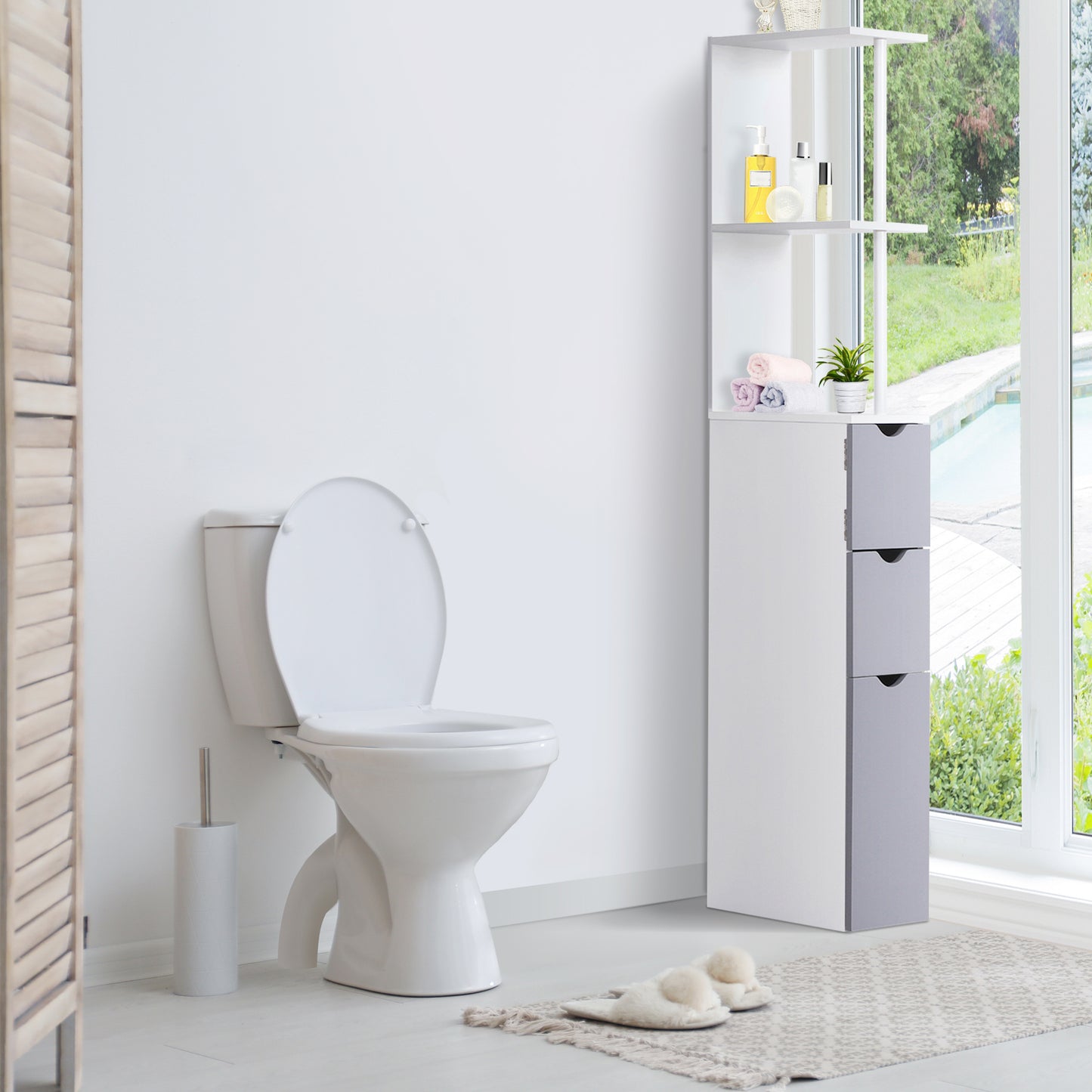 HOMCOM Tall Bathroom Storage Cabinet, Narrow Bathroom Cabinet with Drawers and Open Shelves for Small Spaces, White and Grey