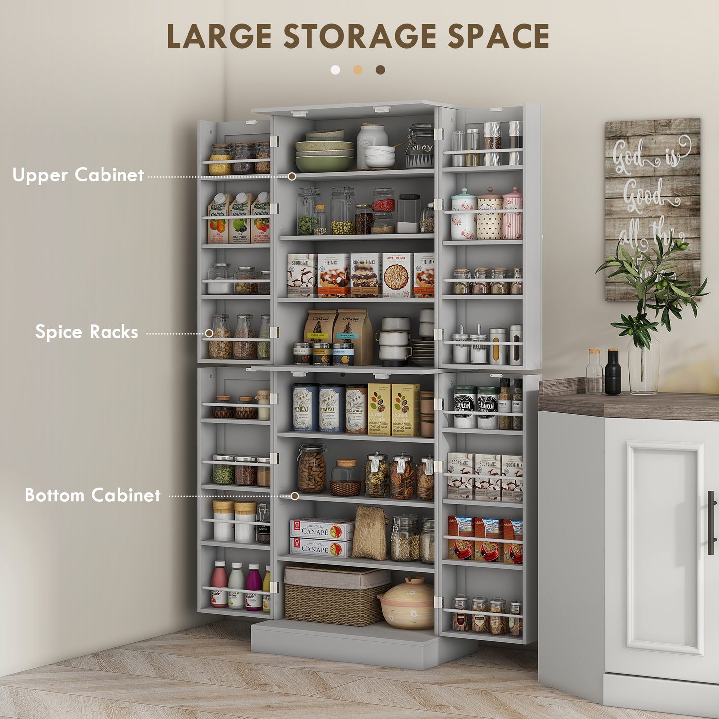 HOMCOM 65" Kitchen Cabinet, Kitchen Pantry Cabinet with 4 Doors and 16 Door Shelves for Dining Room, Grey