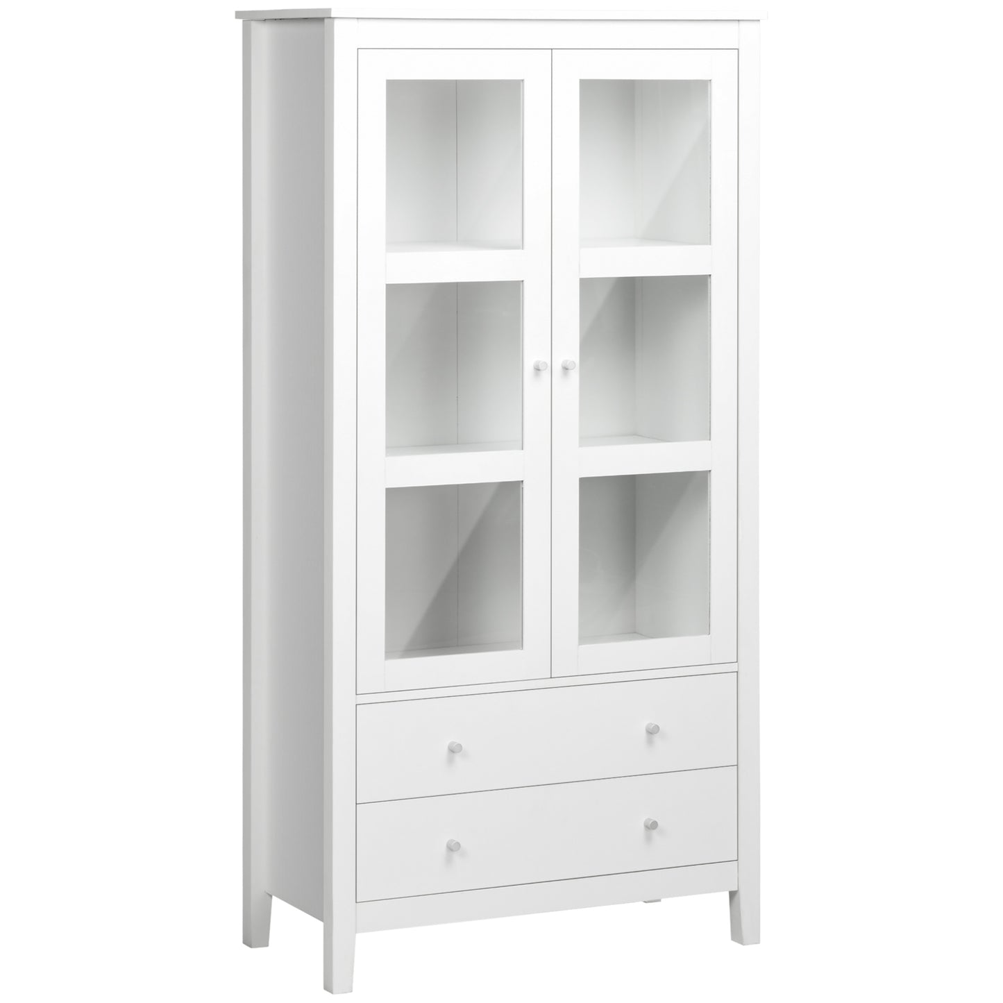 HOMCOM Kitchen Pantry Cabinet, Freestanding Storage Cabinet with 3-tier Shelves, 2 Drawers and Glass Doors, White