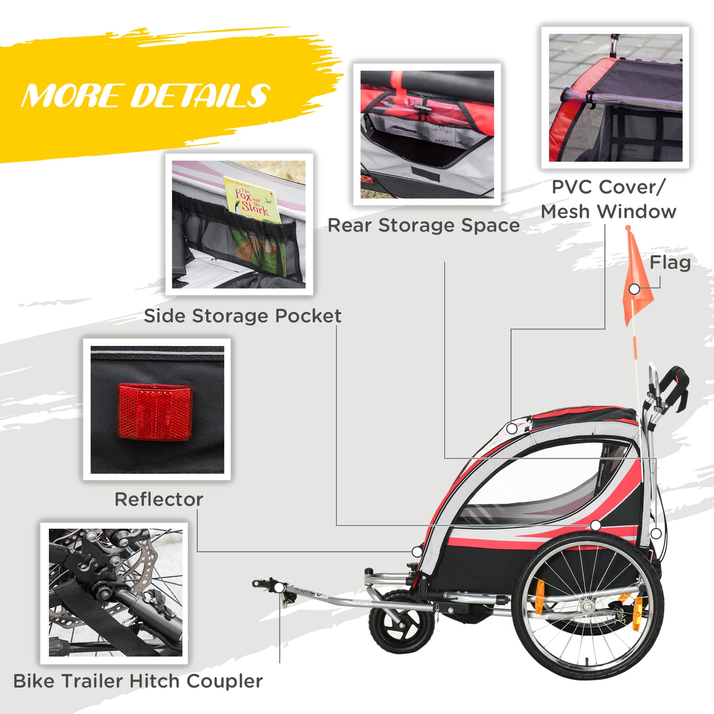 Aosom 2 Seat Bike Trailer for Kids 2-in-1 Double Baby Jogging Stroller with Handbrake, Rubber Wheels, 5 Point Harness, Waterproof Cover, Storage Bag, Reflectors, Yellow