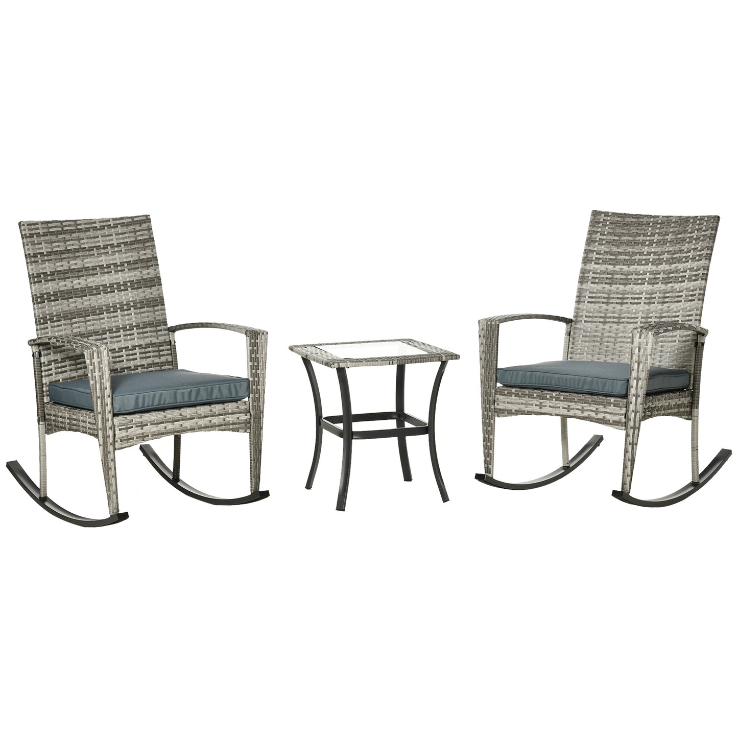 Outsunny 3 Pieces Patio Wicker Rocking Chair Set, Outdoor PE Rattan Bistro Set Conversation Rocker Set with 2 Chairs 1 Coffee Table for Backyard, Deck, Poolside, Dark Grey