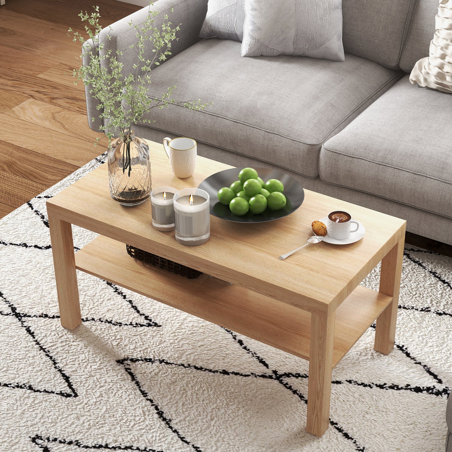 HOMCOM 2 Tier Coffee Table with Storage Shelf, Rectangular Center Table for Living Room, Home Office Furniture Walnut