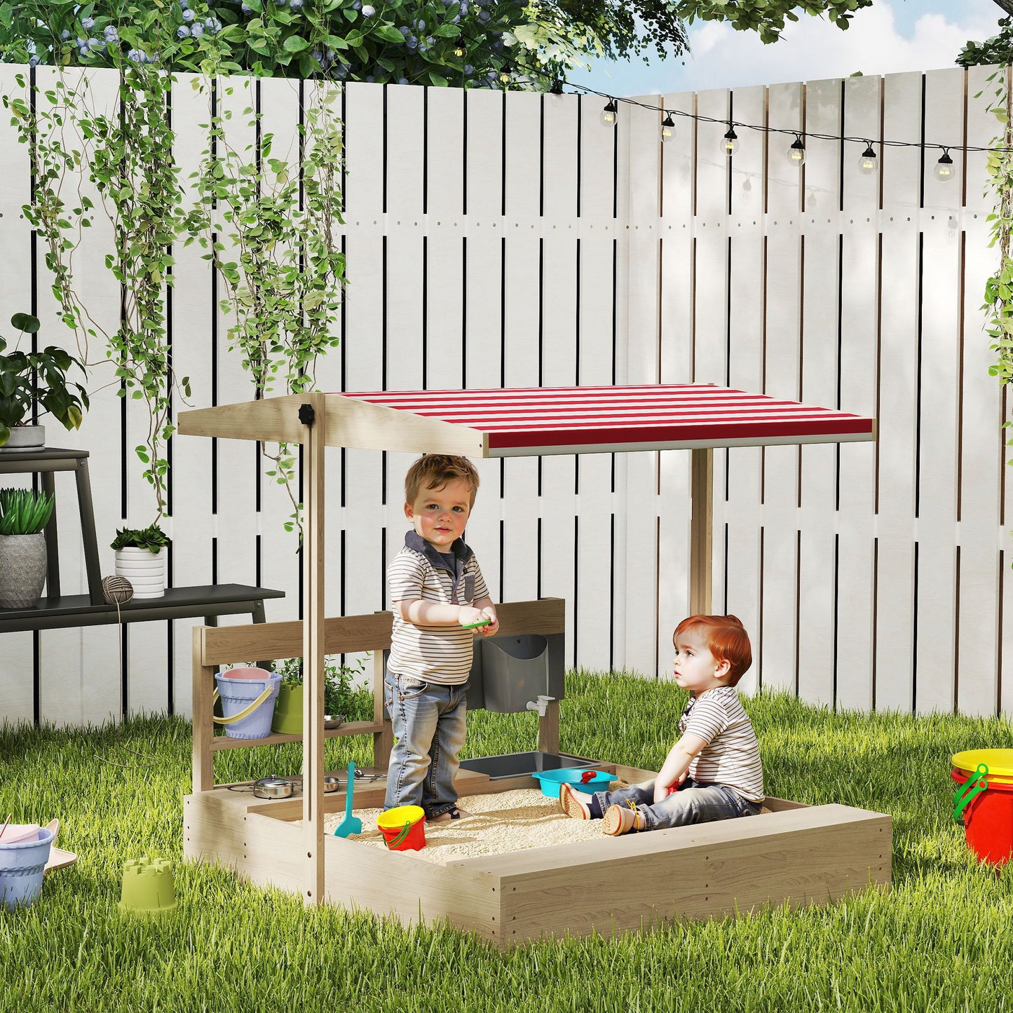 Outsunny Kids Sandbox with Cover Kitchen Playset Toys, Wooden Sand Box with Seat, Storage, for 3-7 Years Old, Grey
