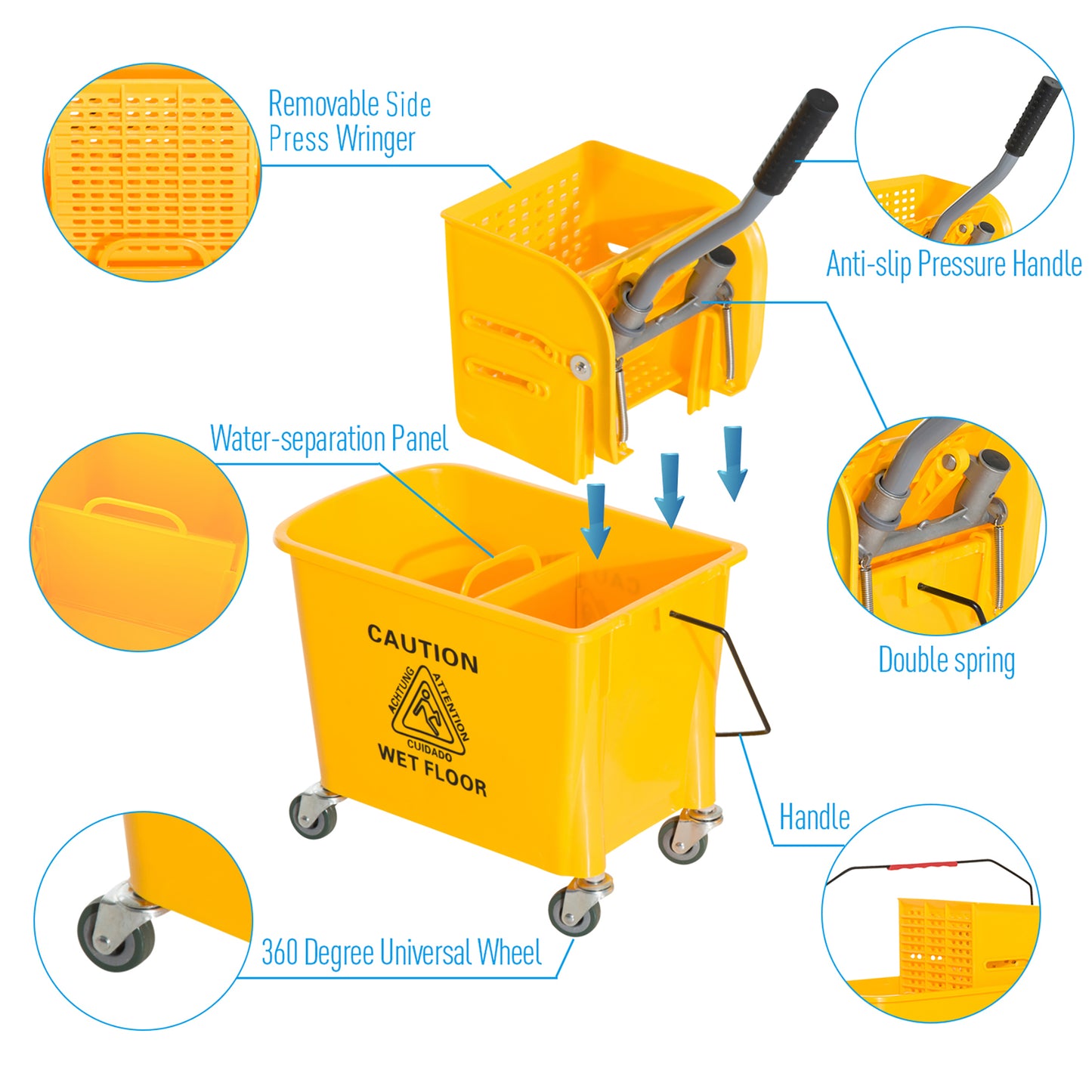 HOMCOM Compact Mop Bucket with Wringer, Mop Bucket on Wheels, 5 Gallon, Separate Dirty and Clean Water, Yellow