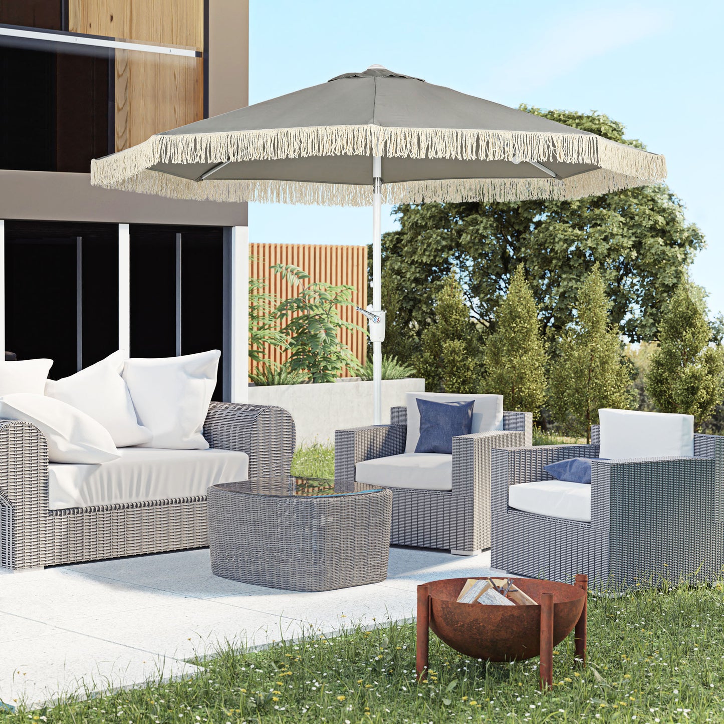 Outsunny 8.7 x 8.7 ft Outdoor Umbrella with Tilt, Vent, Patio Market Table Umbrella Parasol with Fringed Ruffles and Crank, Grey