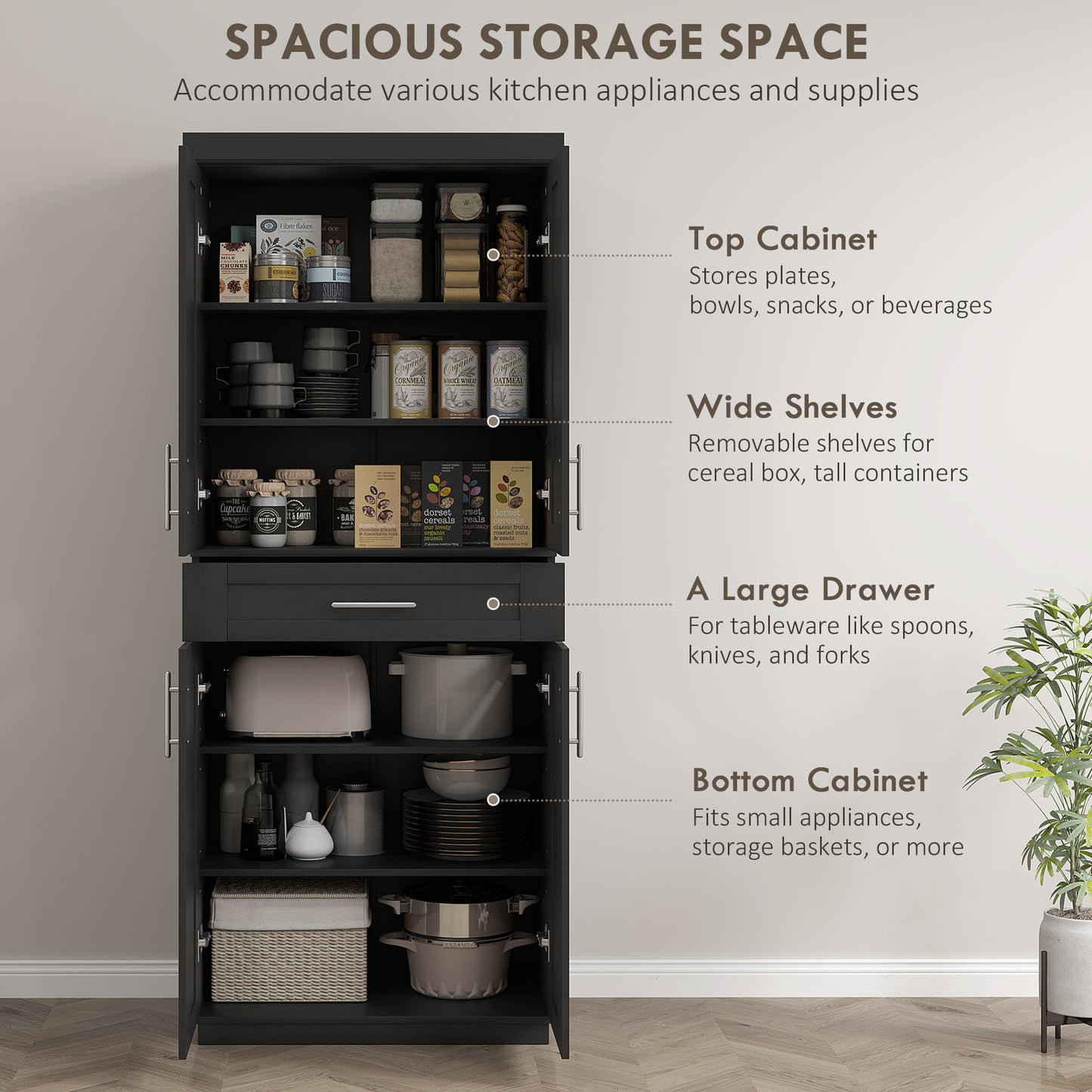 HOMCOM 72" Storage Cabinet, Freestanding Kitchen Pantry Cabinet with 4 Doors, Drawer and 3 Adjustable Shelves, White