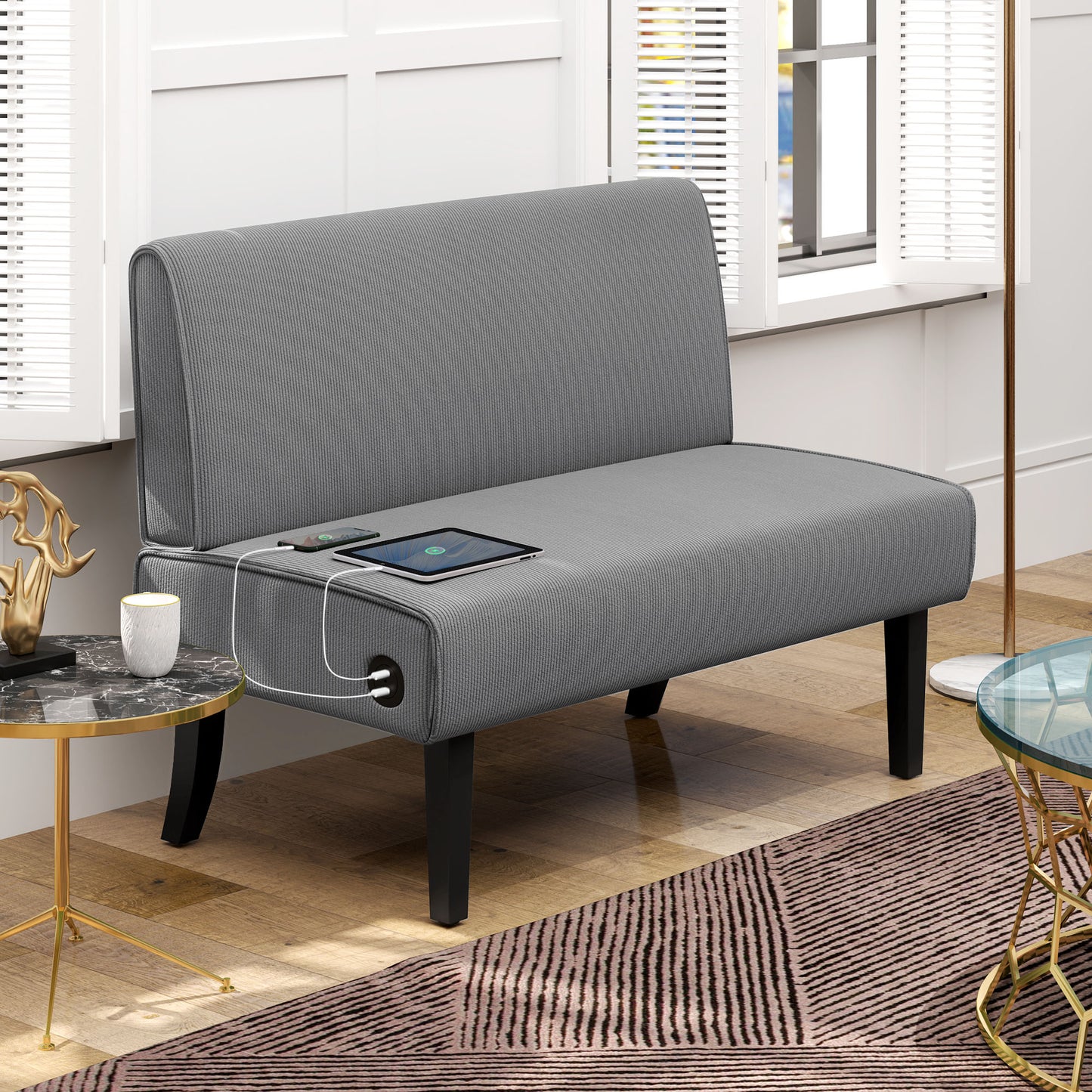 HOMCOM 46.5" Loveseat Couch with USB Ports, Corduroy Love Seat Sofa with Wood Legs for Living Room, Bedroom, Small Space, Grey