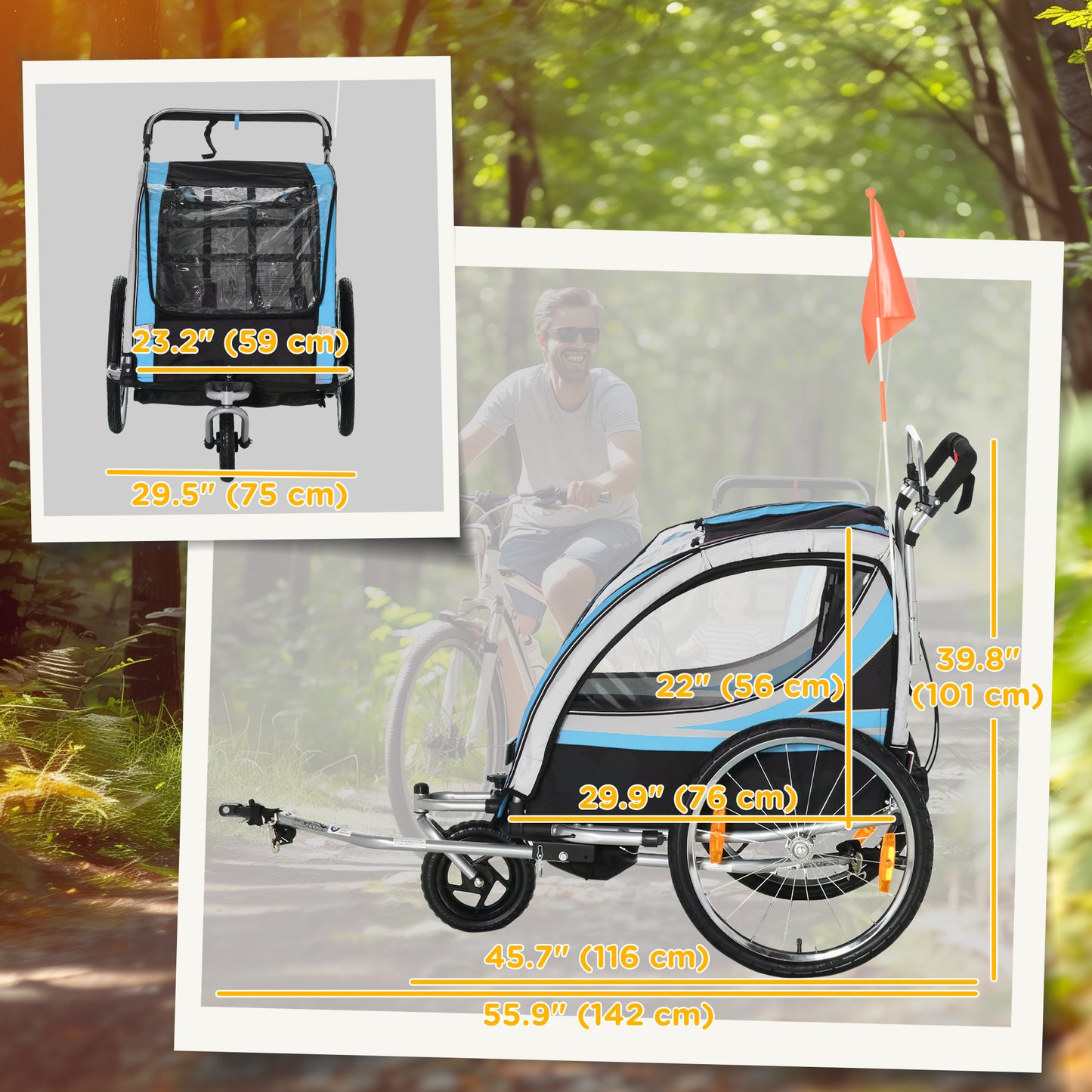 Aosom 2 Seat Bike Trailer for Kids 2-in-1 Double Baby Jogging Stroller with Handbrake, Rubber Wheels, 5 Point Harness, Waterproof Cover, Storage Bag, Reflectors, Yellow