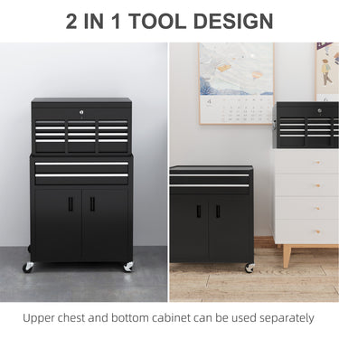 HOMCOM 6-Drawer Rolling Tool Chest, 2 in 1 Lockable Storage Cabinet with Hooks, Metal Tool Box for Garage, Workshop, Black