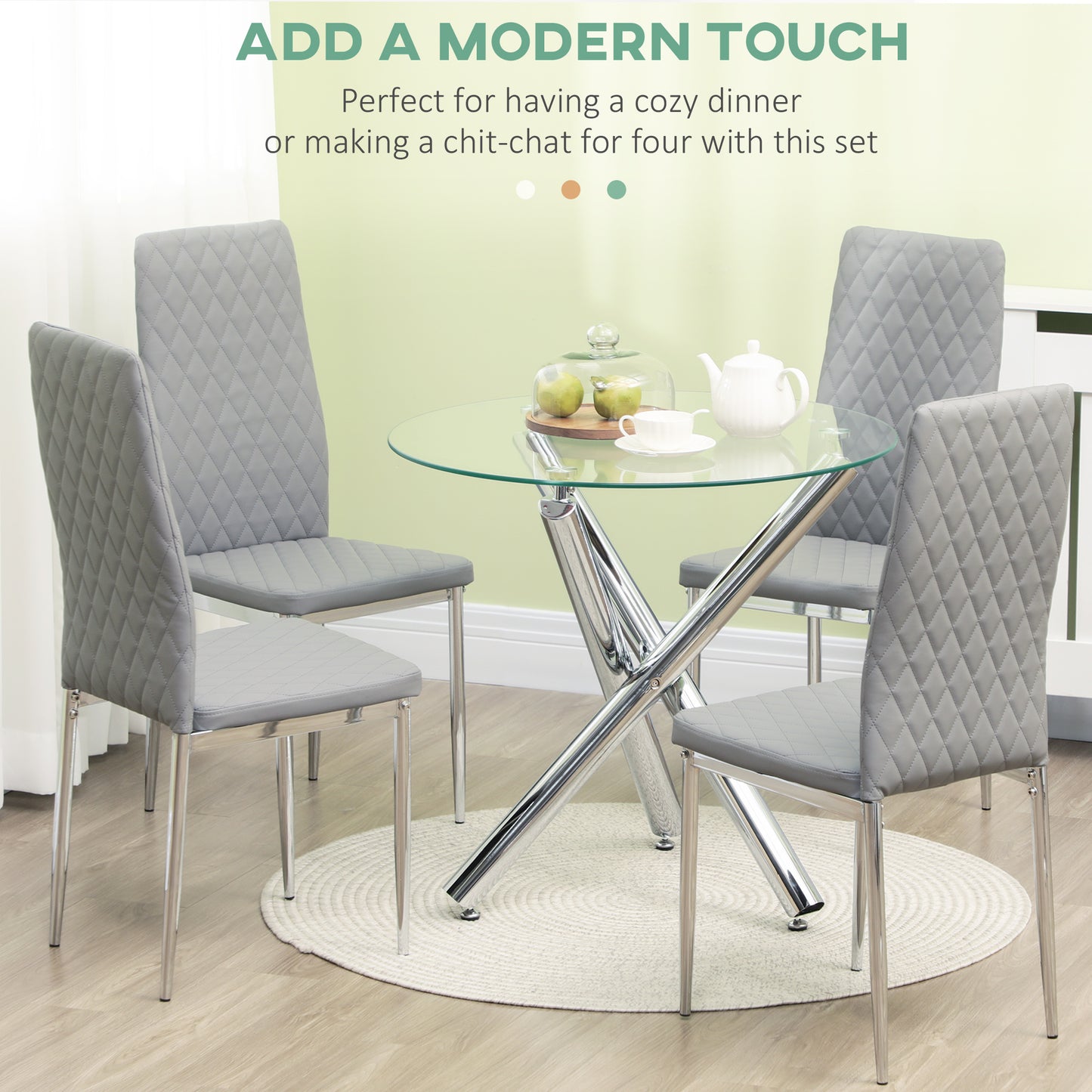 HOMCOM Kitchen Chairs Set of 4, Dining Chairs w/ Faux Leather Upholstery and Steel Legs for Living Room, Dining Room, Grey