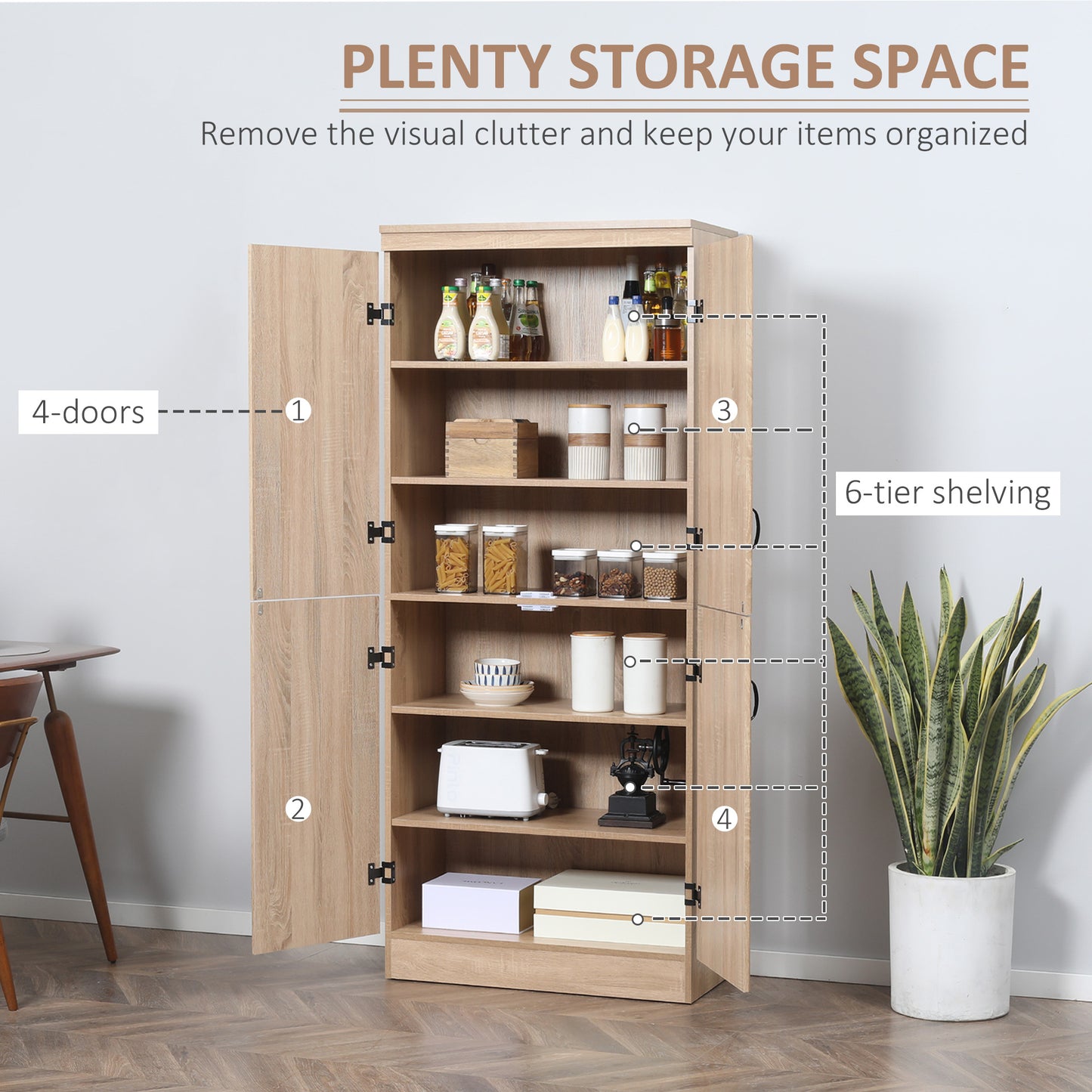 HOMCOM 70" 4-Door Storage Cabinet, Freestanding Pantry Cabinet with Adjustable Shelves for Living Room, Natural