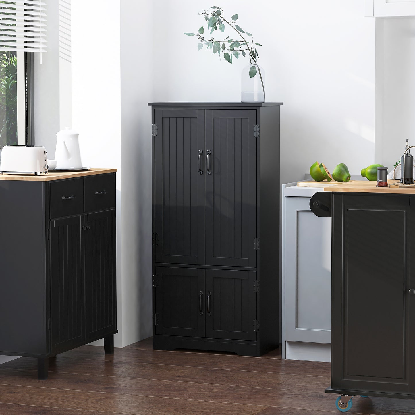 HOMCOM 48" 4-Door Storage Cabinet Multi-Storey Large Space Pantry with Adjustable Shelves Black